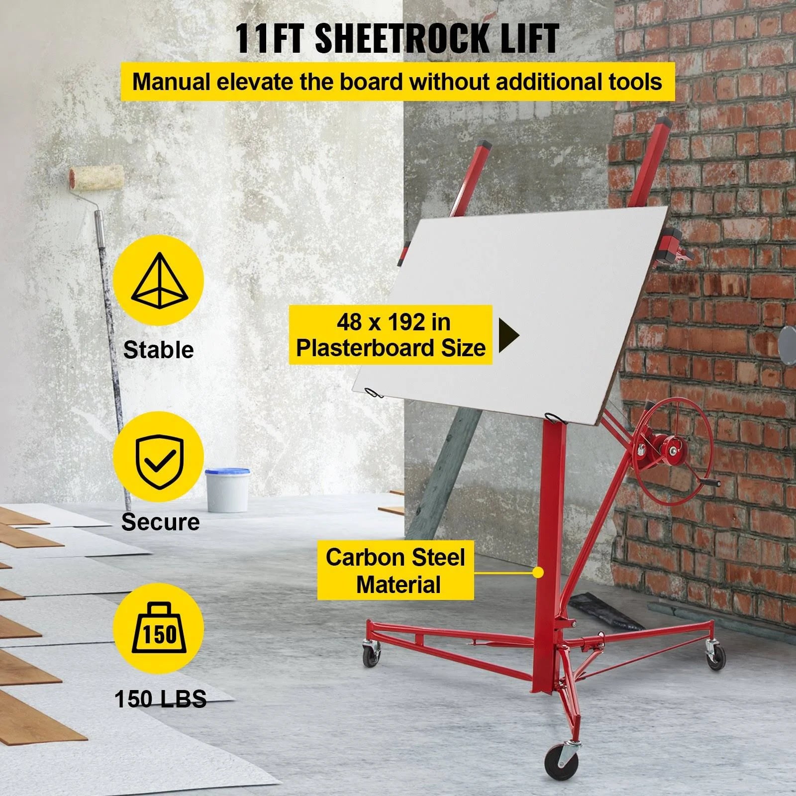 VEVOR Drywall Rolling Lifter Panel 11ft Sheetrock Lift Drywall Lift 150lb Weight Capacity Panel Hoist Jack Tool Steel Material SGBSJJHSB11FTXATNV0 - MadeInUSA
