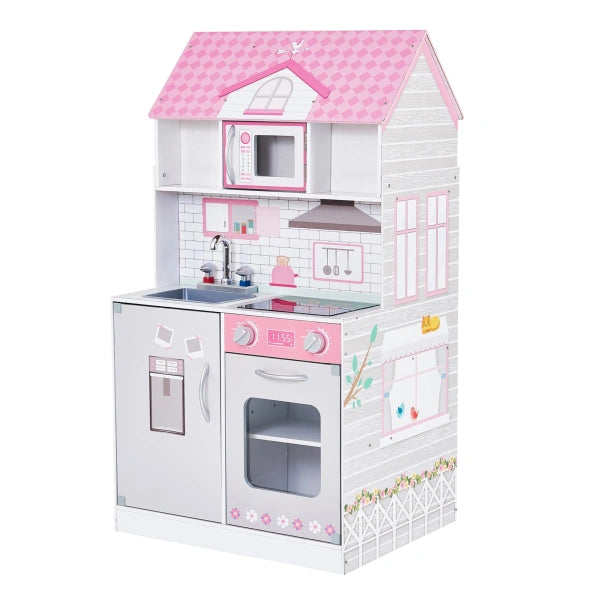 Teamson Kids Wonderland Ariel 2 in 1 Doll House and Play Kitchen, PinkGrey - MadeInUSA