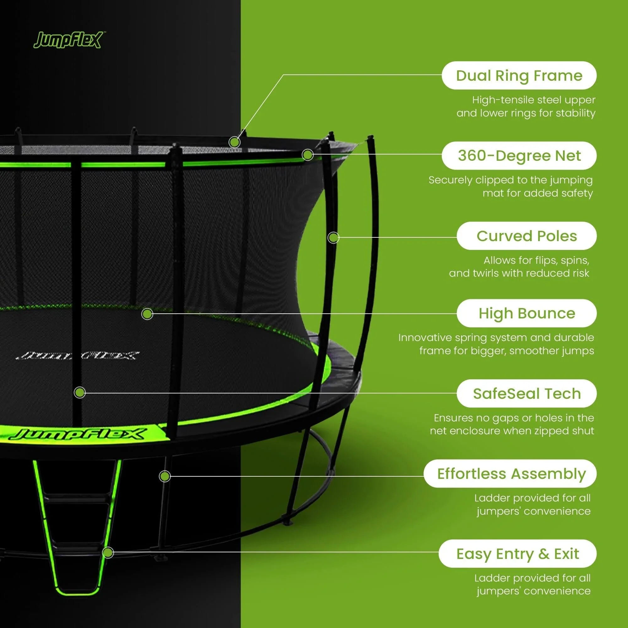 Jumpflex Hero 15' Trampoline for Kids Outdoor Play Equipment with Net & Ladder - MadeInUSA