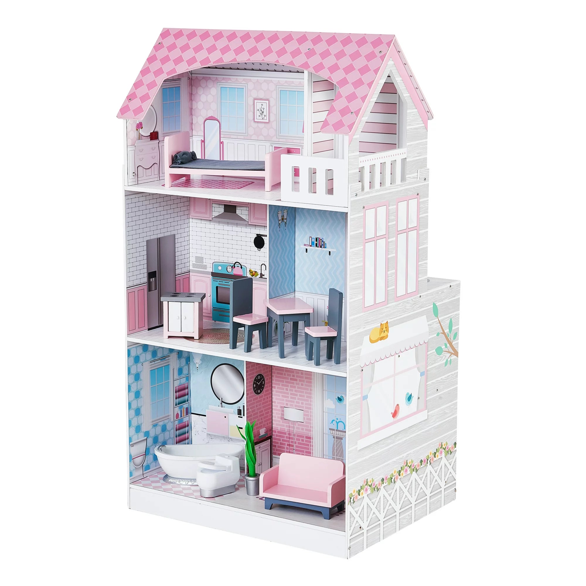 Teamson Kids Wonderland Ariel 2 in 1 Doll House and Play Kitchen, PinkGrey - MadeInUSA