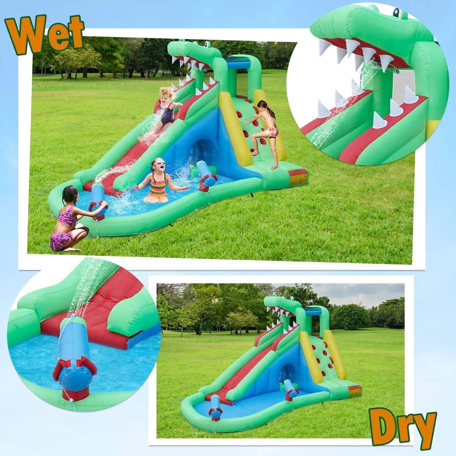 Inflatable Water Slides for Kids - Kinsuite Inflatable Bounce House Water Slide w/Jumping Area Climbing Wall Water Cannon Splash Pool Tunnel Indoor - MadeInUSA