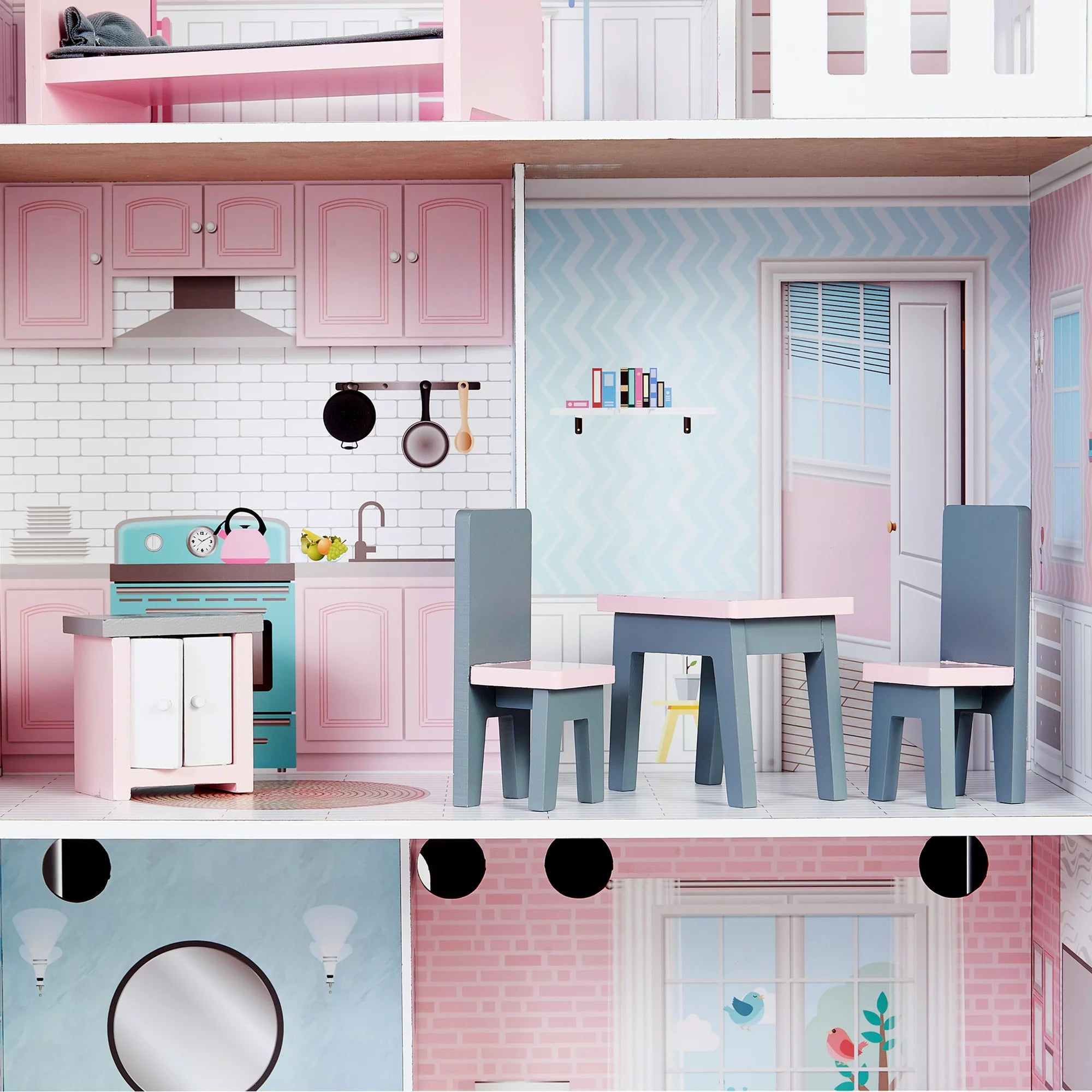 Teamson Kids Wonderland Ariel 2 in 1 Doll House and Play Kitchen, PinkGrey - MadeInUSA