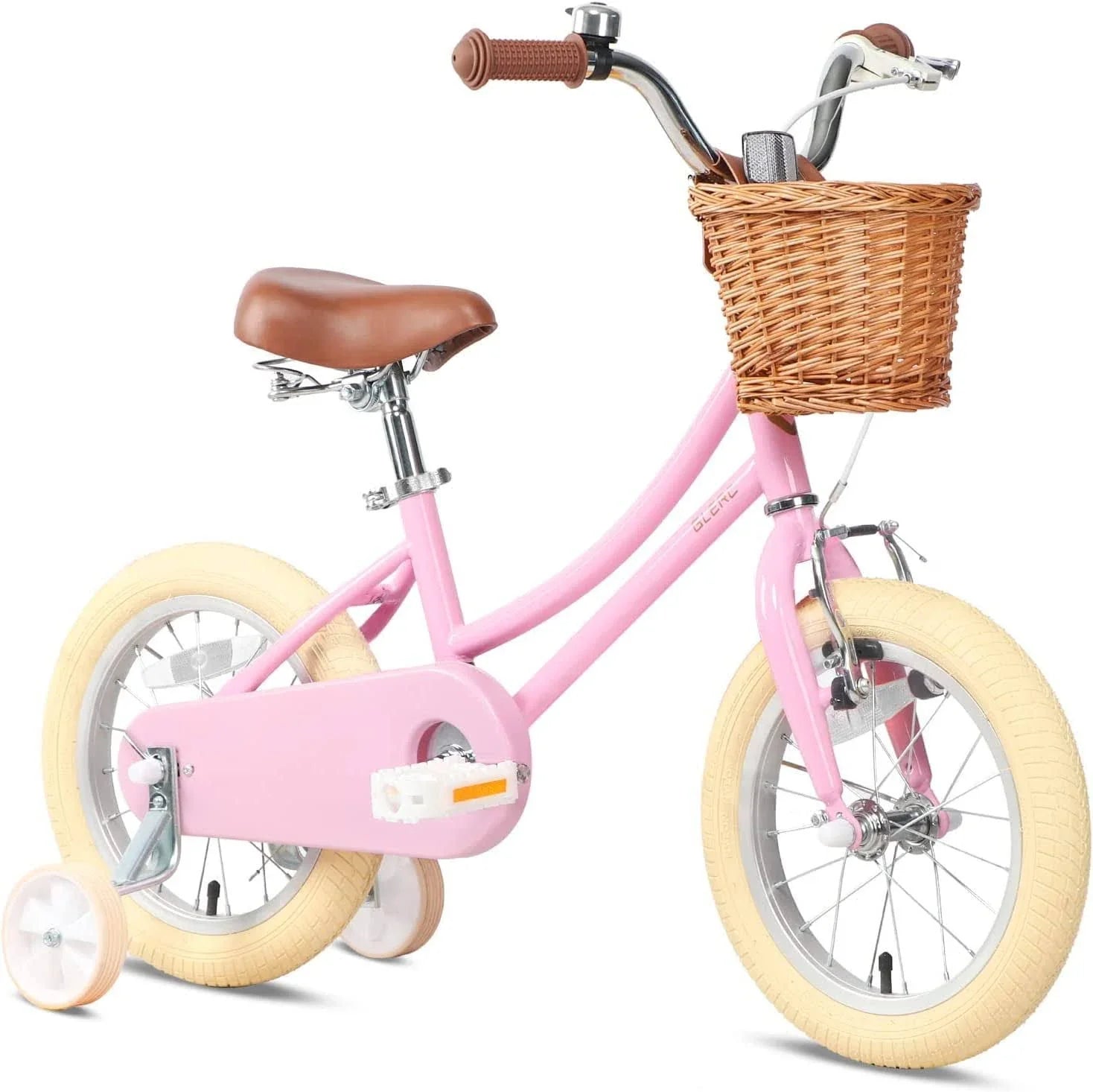 Glerc 14 inch Kids Girls Bike for 3 4 5Years Old Little Girls Retro Vintage Style Bicycles with Training Wheels and Bell, Pink - MadeInUSA