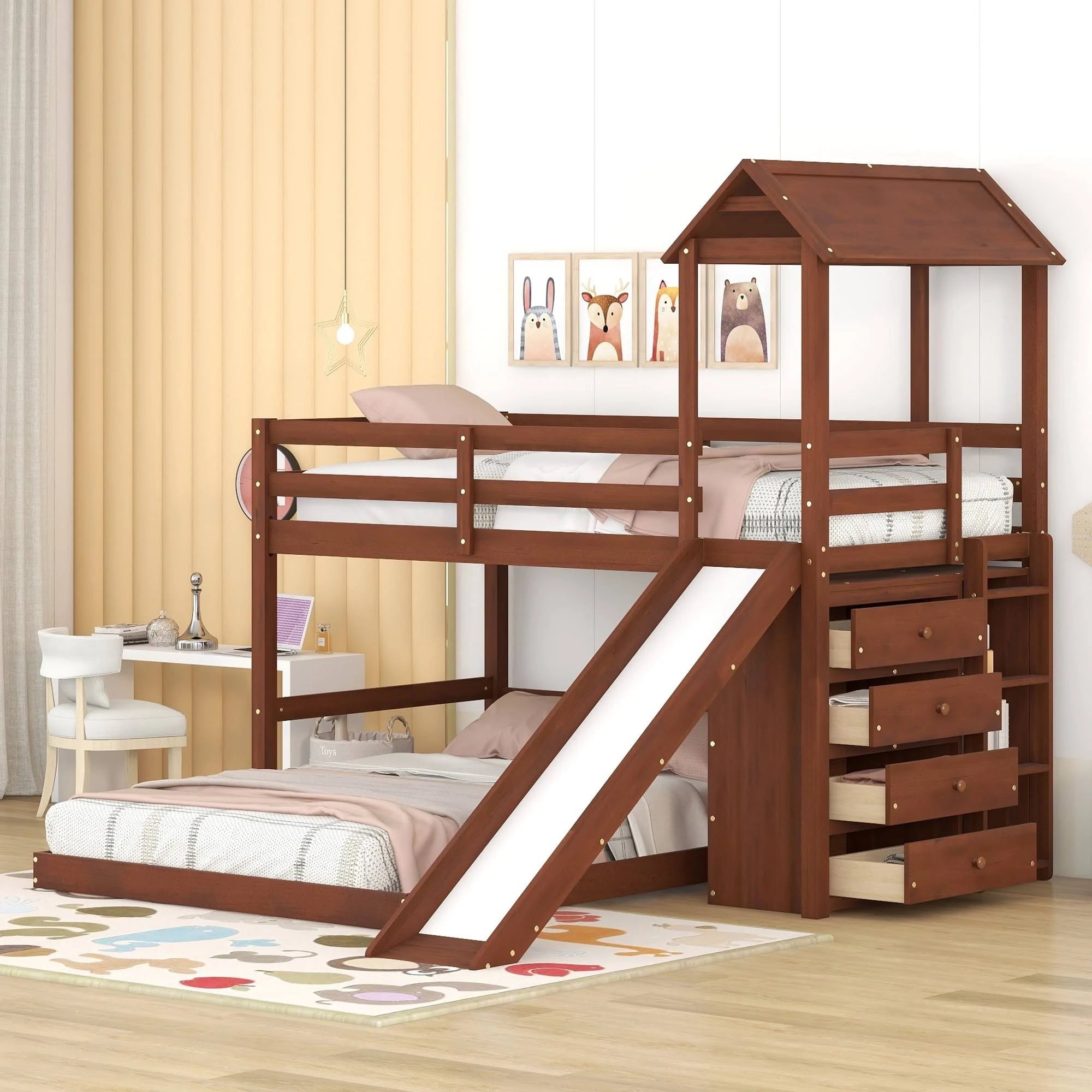 Euroco Twin Over Full House Bunk Bed with Slide and Functional Cabinet, Moveable Lower Full Bed for Kids Teens Adults, Storeage Shelf and 4 Big - MadeInUSA