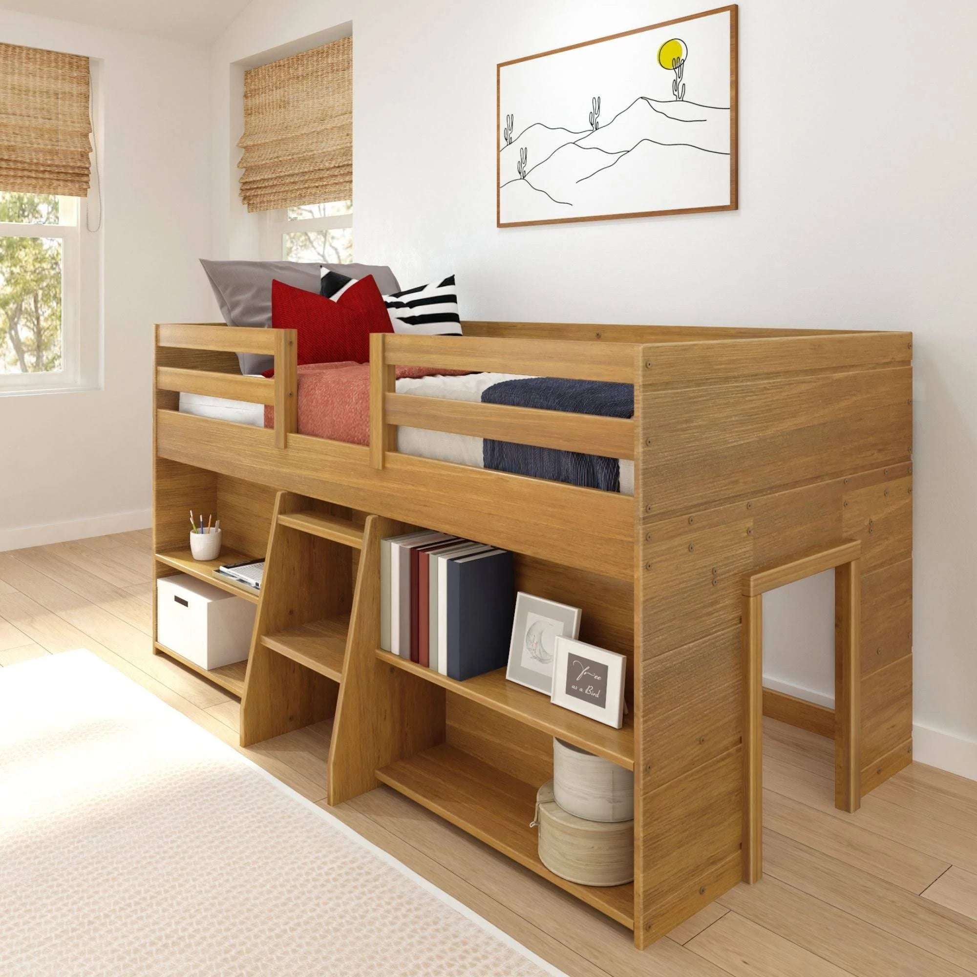 Max & Lily Modern Farmhouse Low Loft Bed, Twin Bed Frame for Kids with 2 Bookcases, White Wash - MadeInUSA