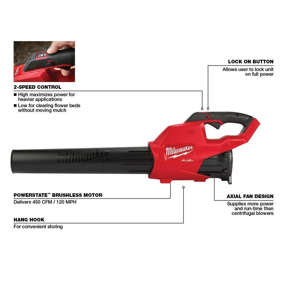 Milwaukee 2724-20-48-73-2005 M18 Fuel 120 MPH 450 CFM 18-Volt Lithium-Ion Brushless Cordless Handheld Blower with Tinted Safety Glasses (Tool-Only) - MadeInUSA
