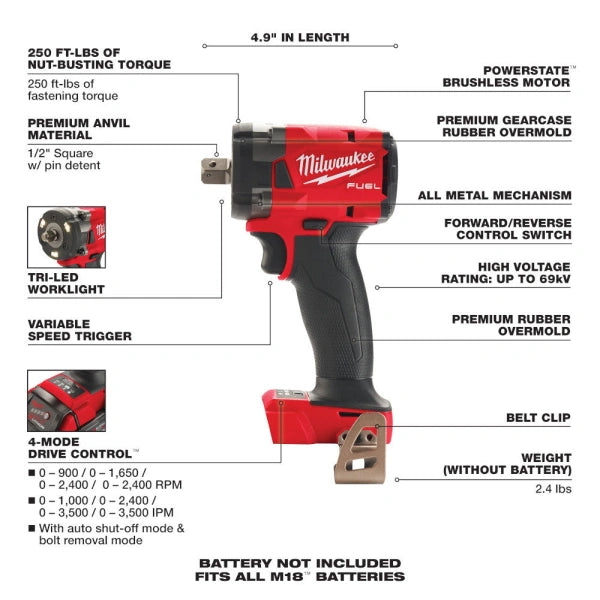 18V M18 FUEL LithiumIon Brushless Cordless 12 Compact Impact Wrench with Pin Detent Tool Only - MadeInUSA