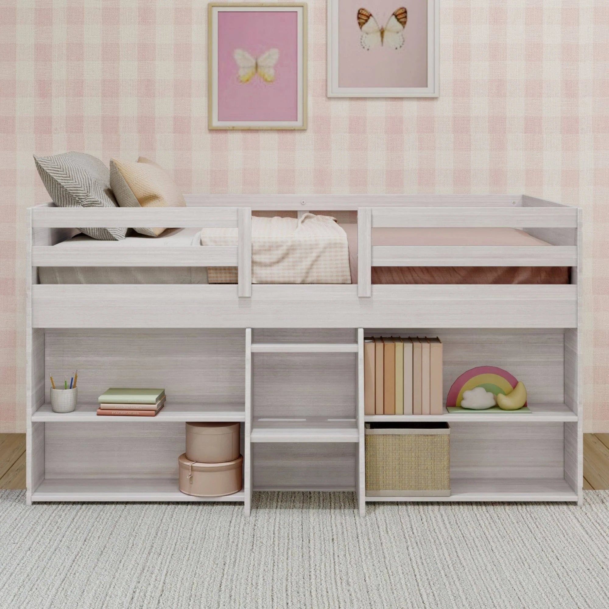 Max & Lily Modern Farmhouse Low Loft Bed, Twin Bed Frame for Kids with 2 Bookcases, White Wash - MadeInUSA