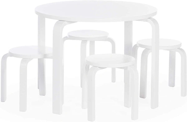 Guidecraft Nordic Table and Chairs Set for Kids: White Stacking Bentwood Stools with Curved Wood Toddler Activity Table Childrens Modern Bedroom, Playroom, and Living Room Furniture - MadeInUSA