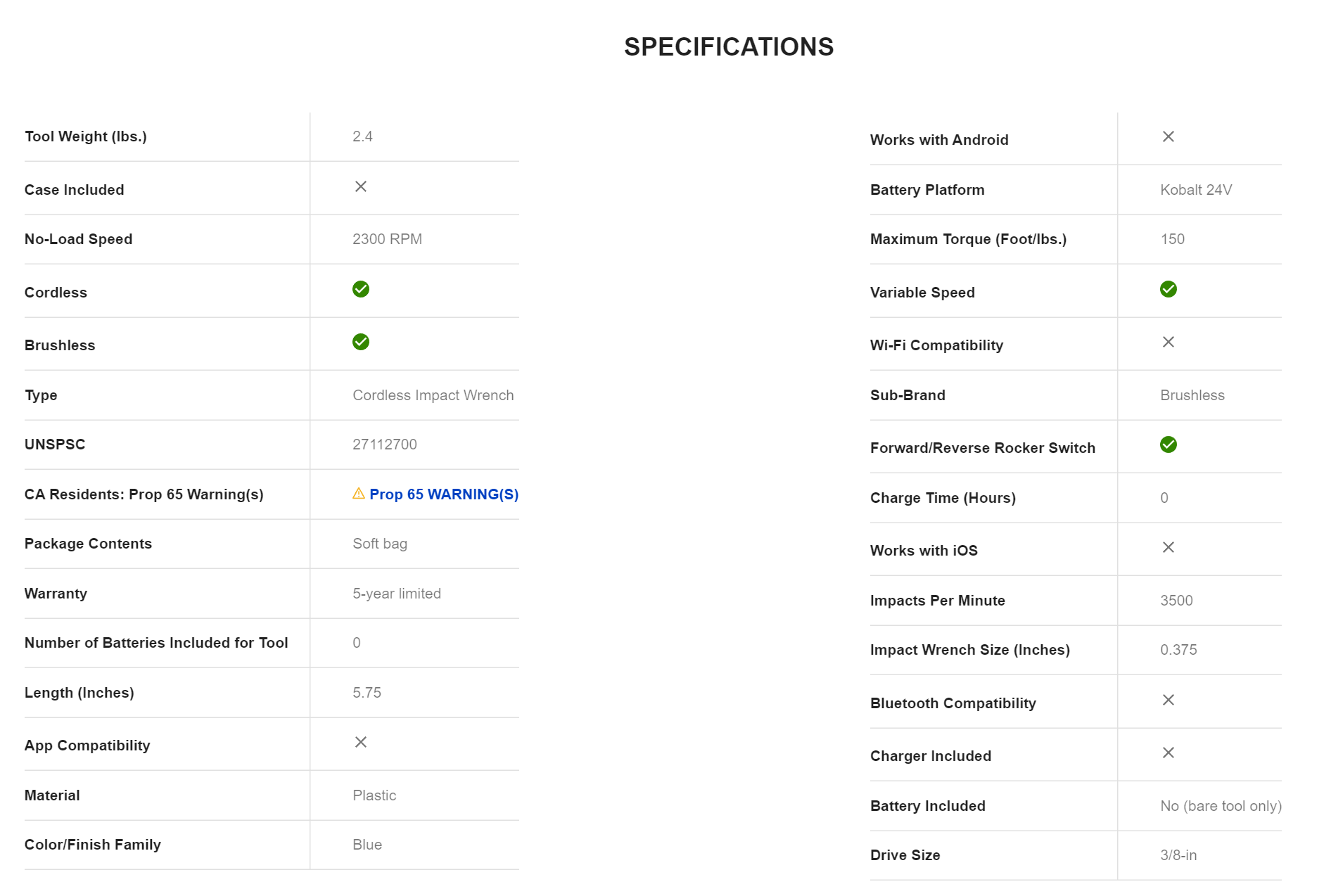 Kobalt KIW 3824B03 BrushlessAmp 24volt Max Variable Speed Brushless 38in Drive Cordless Impact Wrench Tool only - MadeInUSA