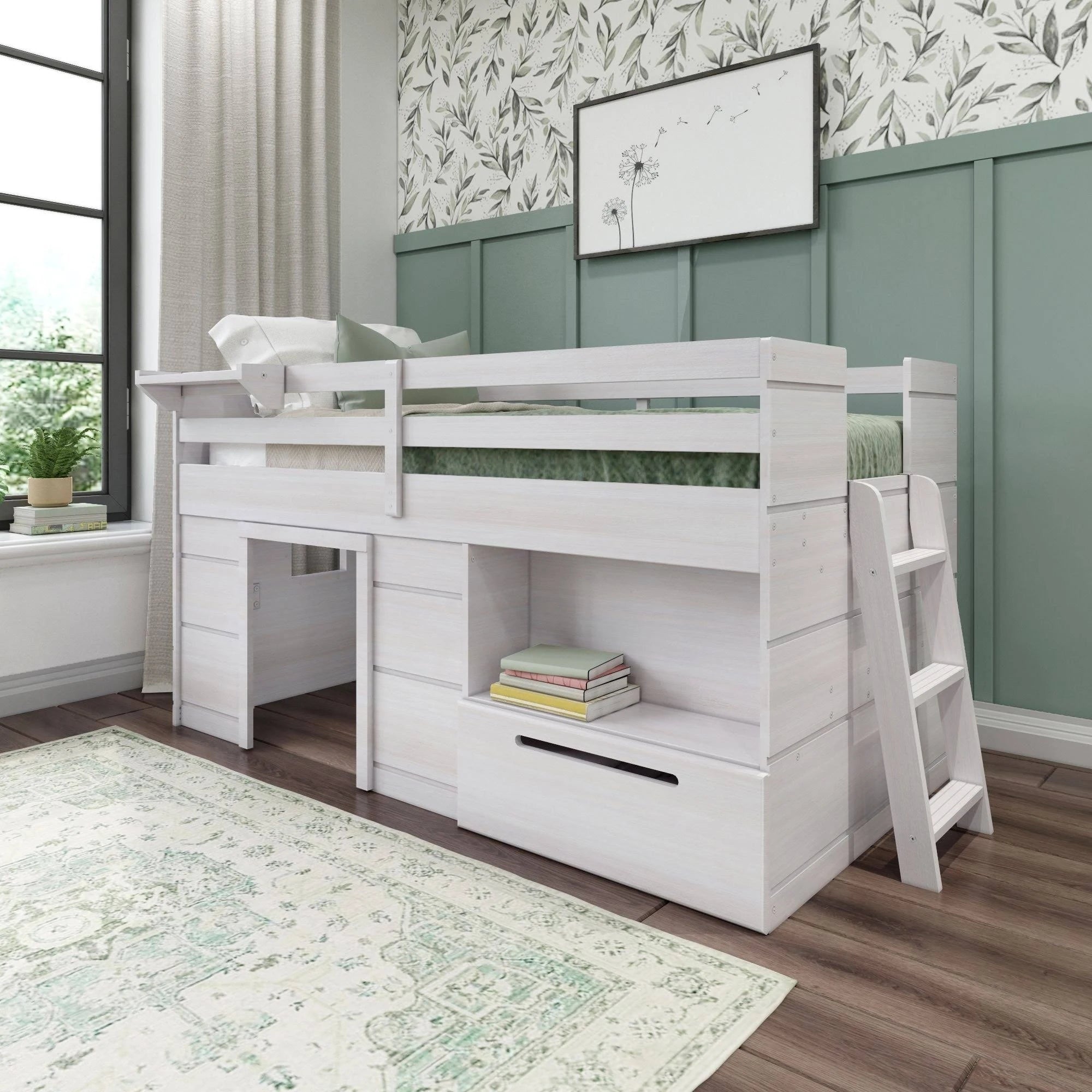 Max & Lily Modern Farmhouse Low Loft Bed, Twin Bed Frame for Kids with 1 Drawer, White Wash - MadeInUSA