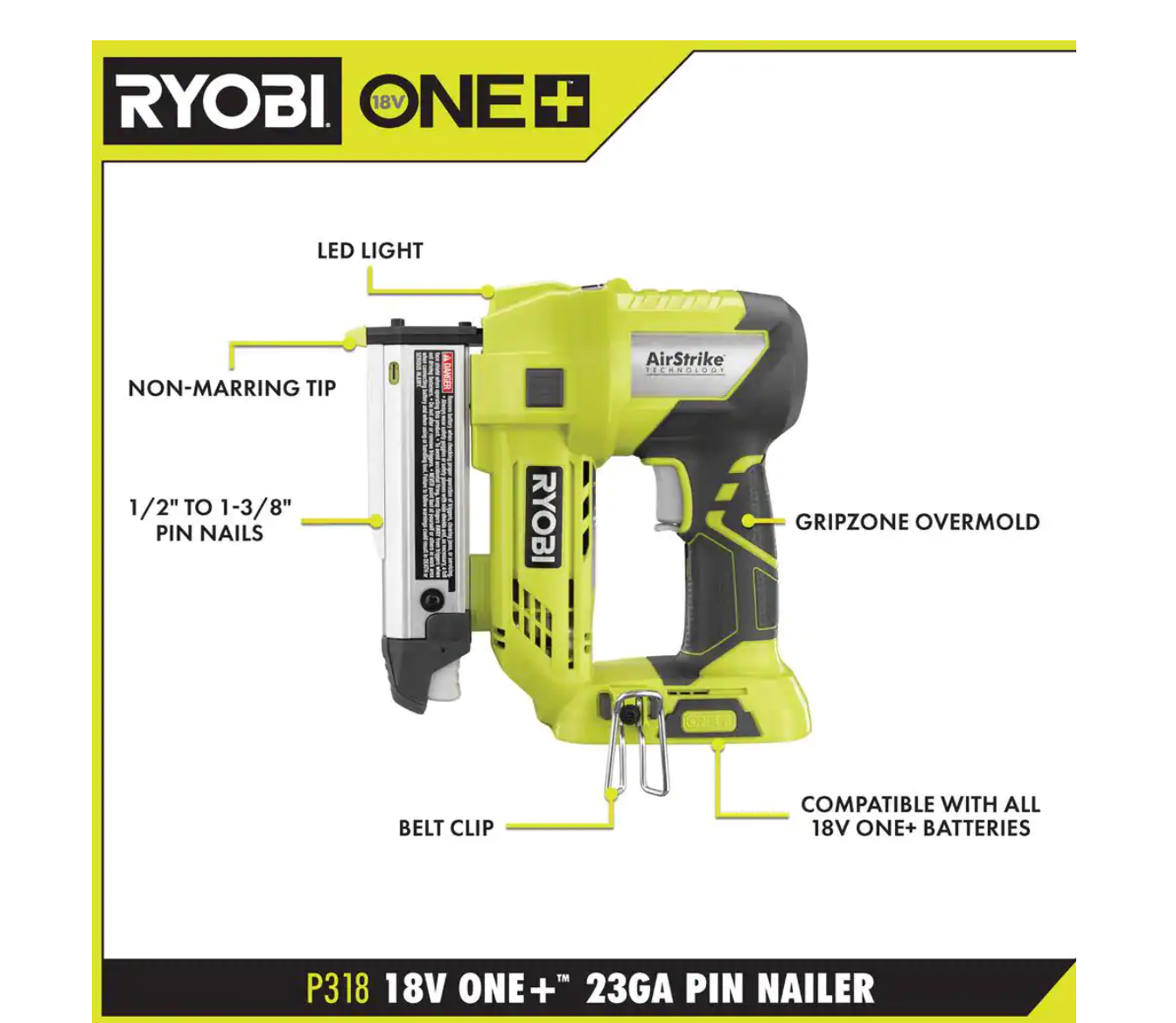 RYOBI P320P318 ONE 18V Cordless 2Tool Combo Kit with 18Gauge Brad Nailer and 23Gauge 138 in. Headless Pin Nailer Tools Only - MadeInUSA