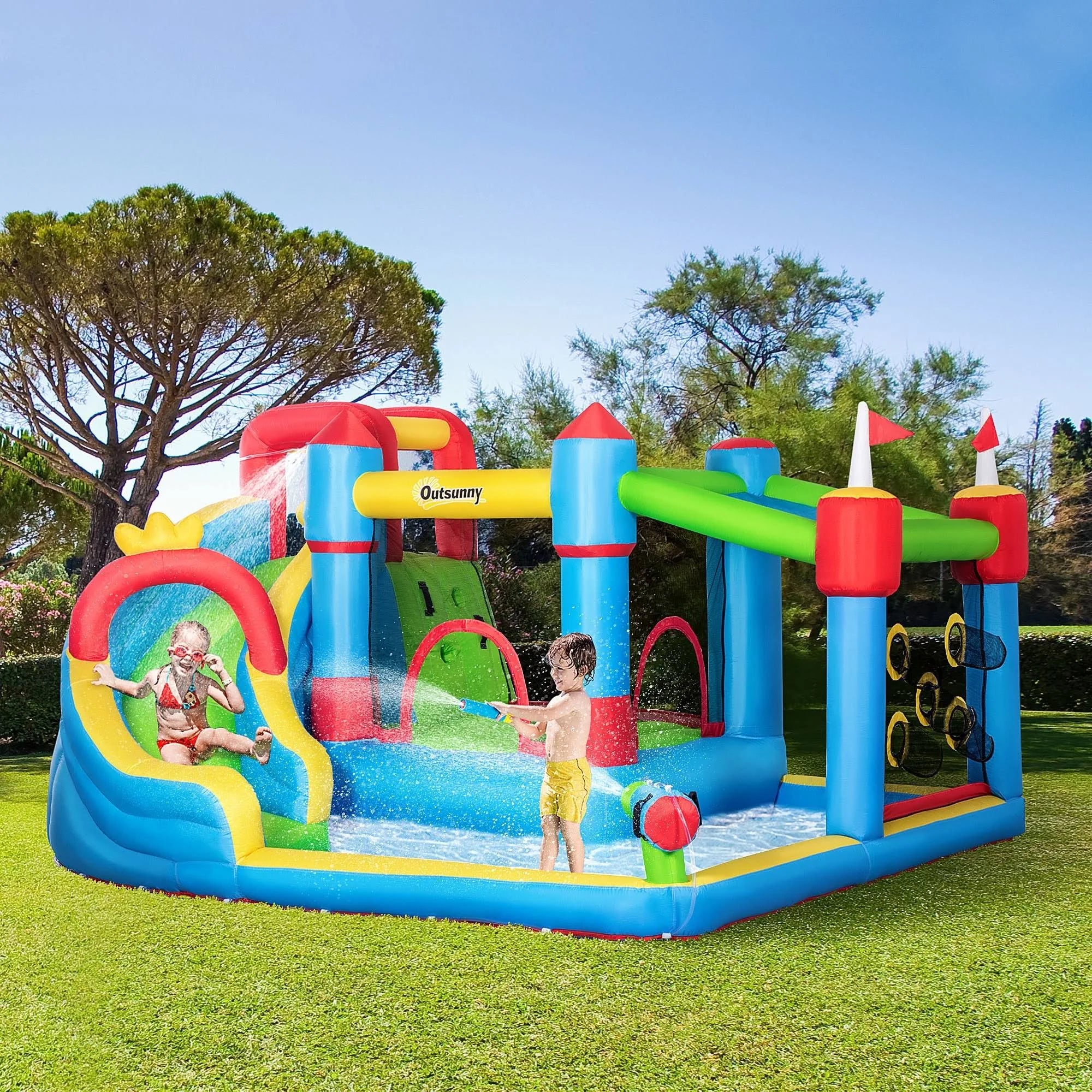Outsunny 6-in-1 Inflatable Water Slide, Kids Castle Bounce House Includes Slide, Trampoline, Pool, Water Gun, Climbing Wall, Throwing Wall with Carry - MadeInUSA