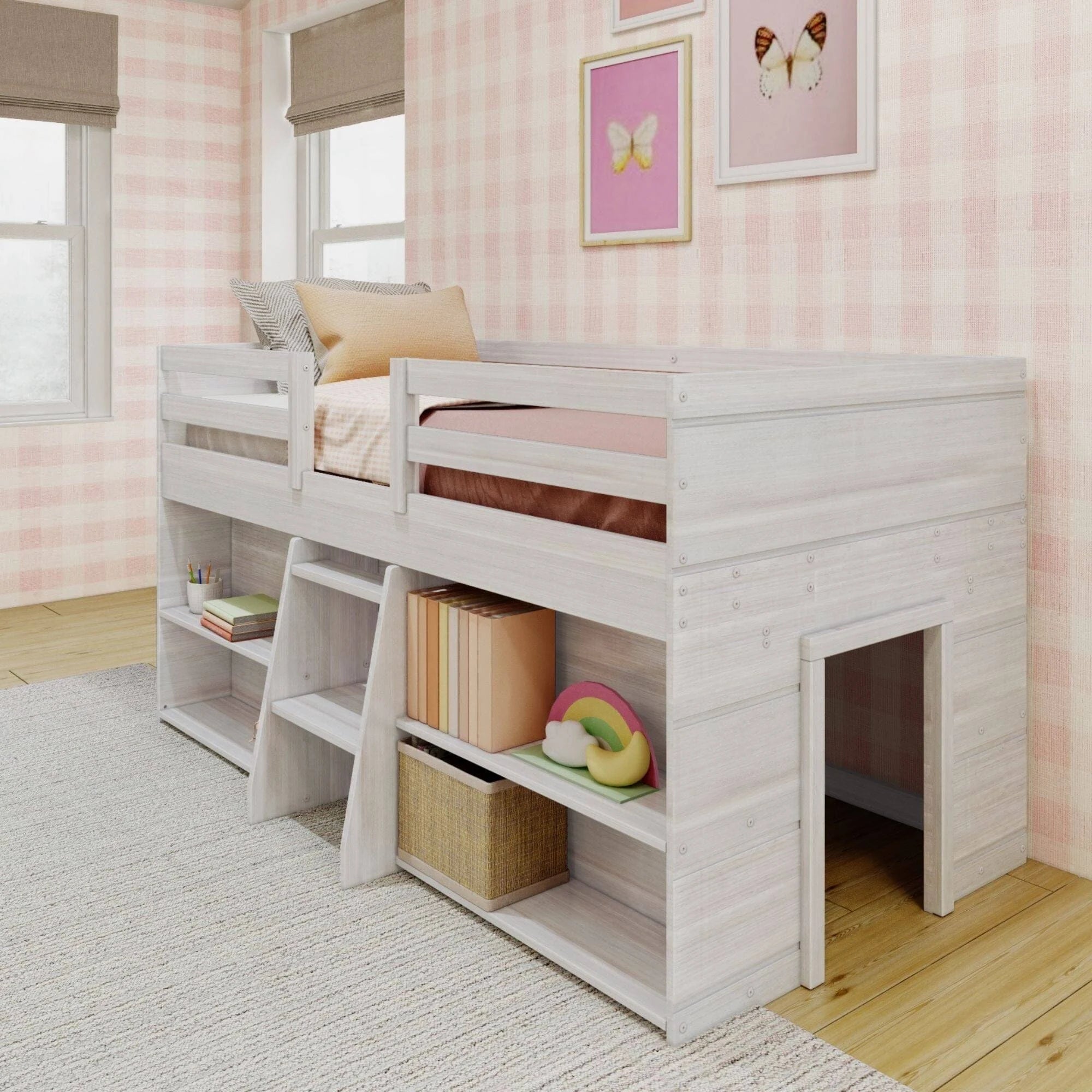 Max & Lily Modern Farmhouse Low Loft Bed, Twin Bed Frame for Kids with 2 Bookcases, White Wash - MadeInUSA