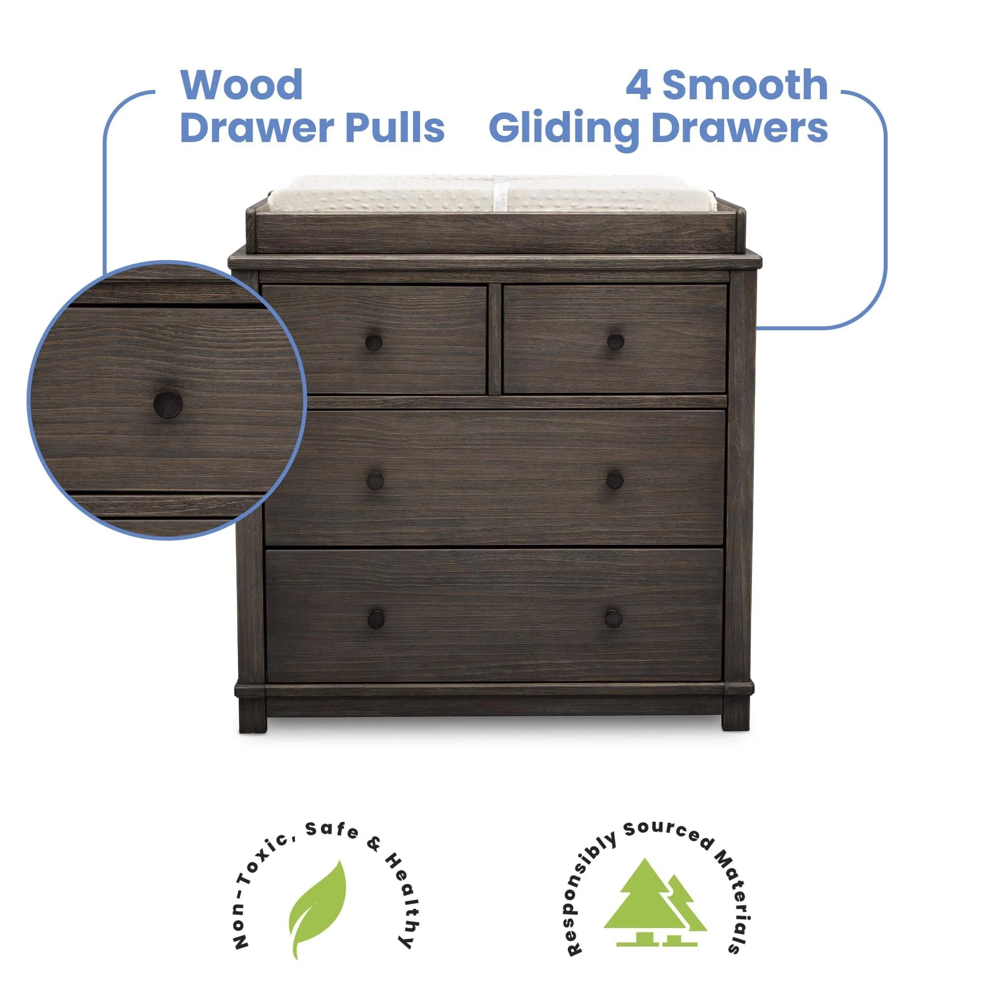 Simmons Kids Monterey 4-Drawer Dresser with Changing Top and Interlocking Drawers, Rustic Grey - MadeInUSA