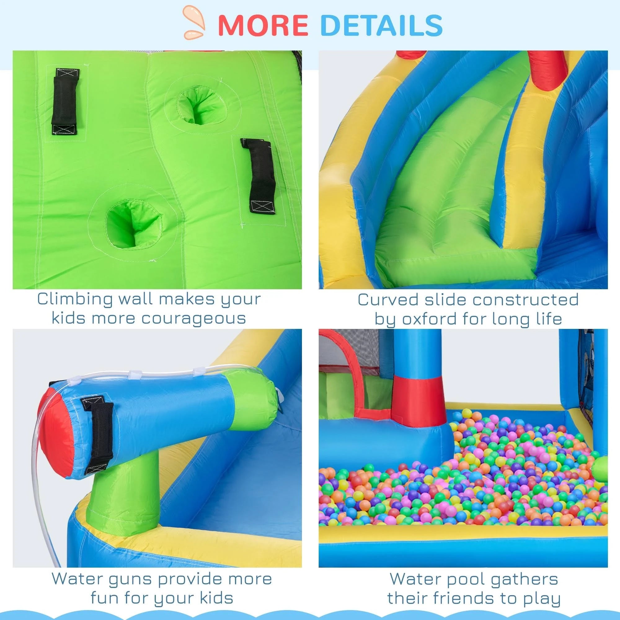 Outsunny 6-in-1 Inflatable Water Slide, Kids Castle Bounce House Includes Slide, Trampoline, Pool, Water Gun, Climbing Wall, Throwing Wall with Carry - MadeInUSA