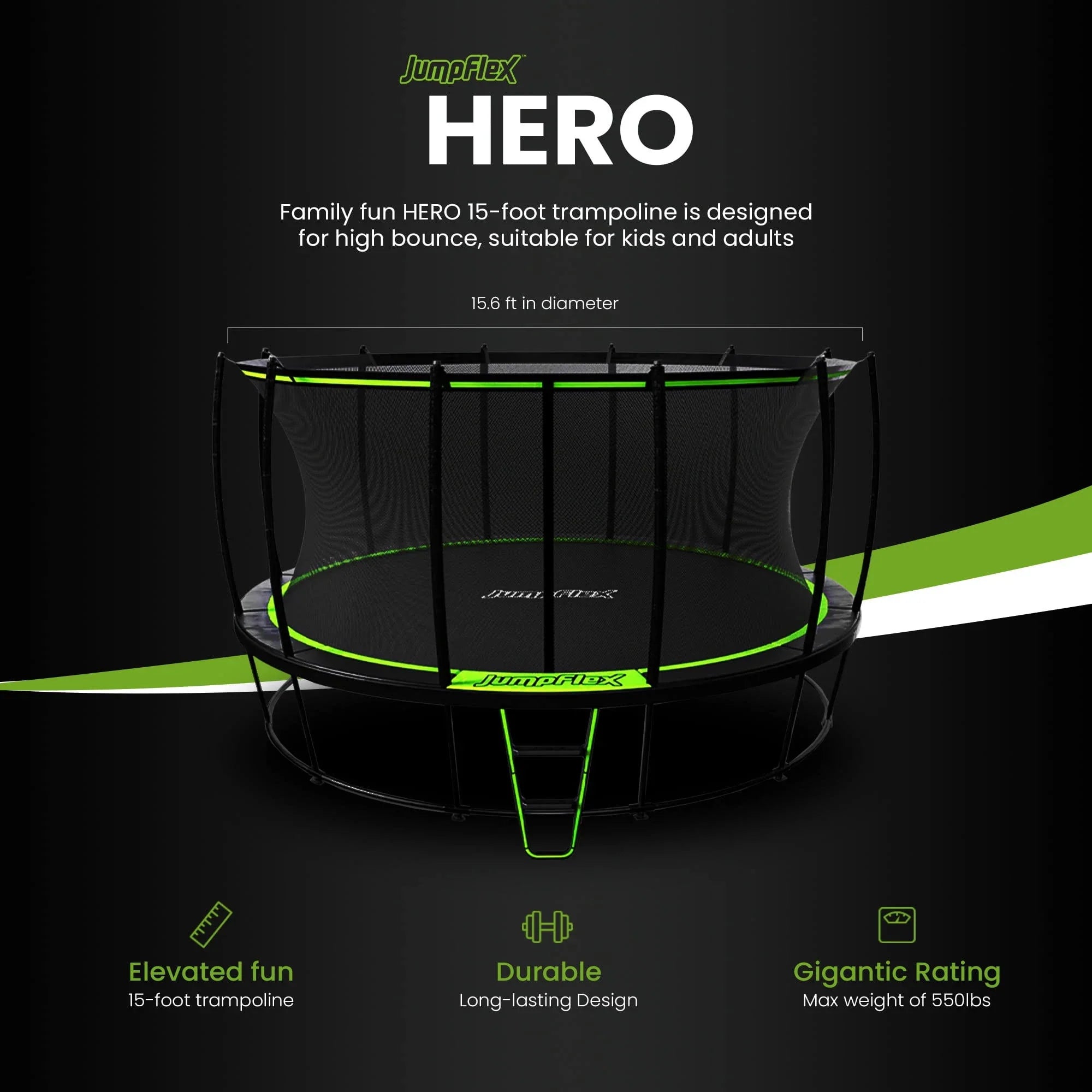 Jumpflex Hero 15' Trampoline for Kids Outdoor Play Equipment with Net & Ladder - MadeInUSA