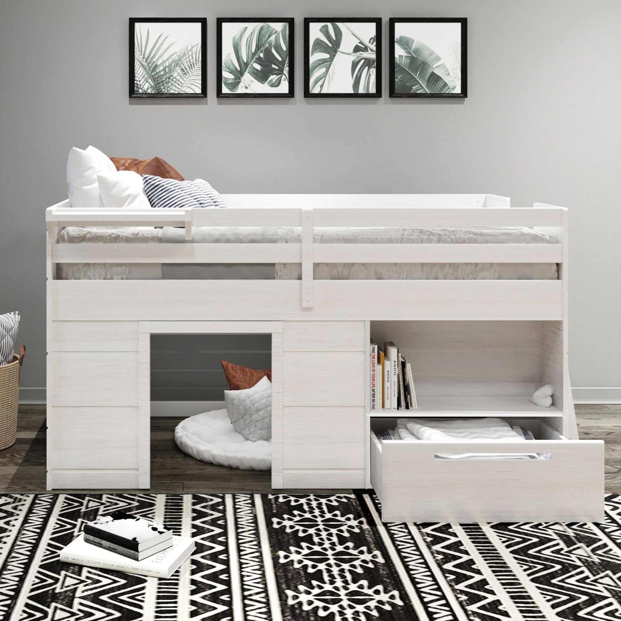 Max & Lily Modern Farmhouse Low Loft Bed, Twin Bed Frame for Kids with 1 Drawer, White Wash - MadeInUSA