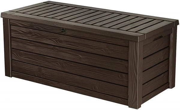 Keter Westwood 150 Gallon Resin Large Deck Box Organization and Storage for Patio Furniture, Outdoor Cushions, Garden Tools and Pool Toys, Brown - MadeInUSA
