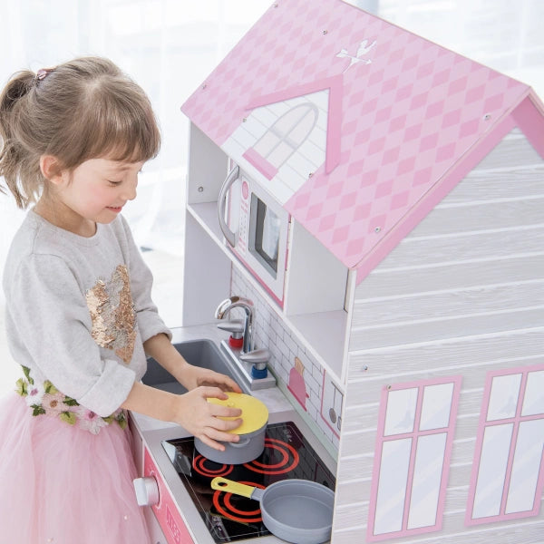 Teamson Kids Wonderland Ariel 2 in 1 Doll House and Play Kitchen, PinkGrey - MadeInUSA