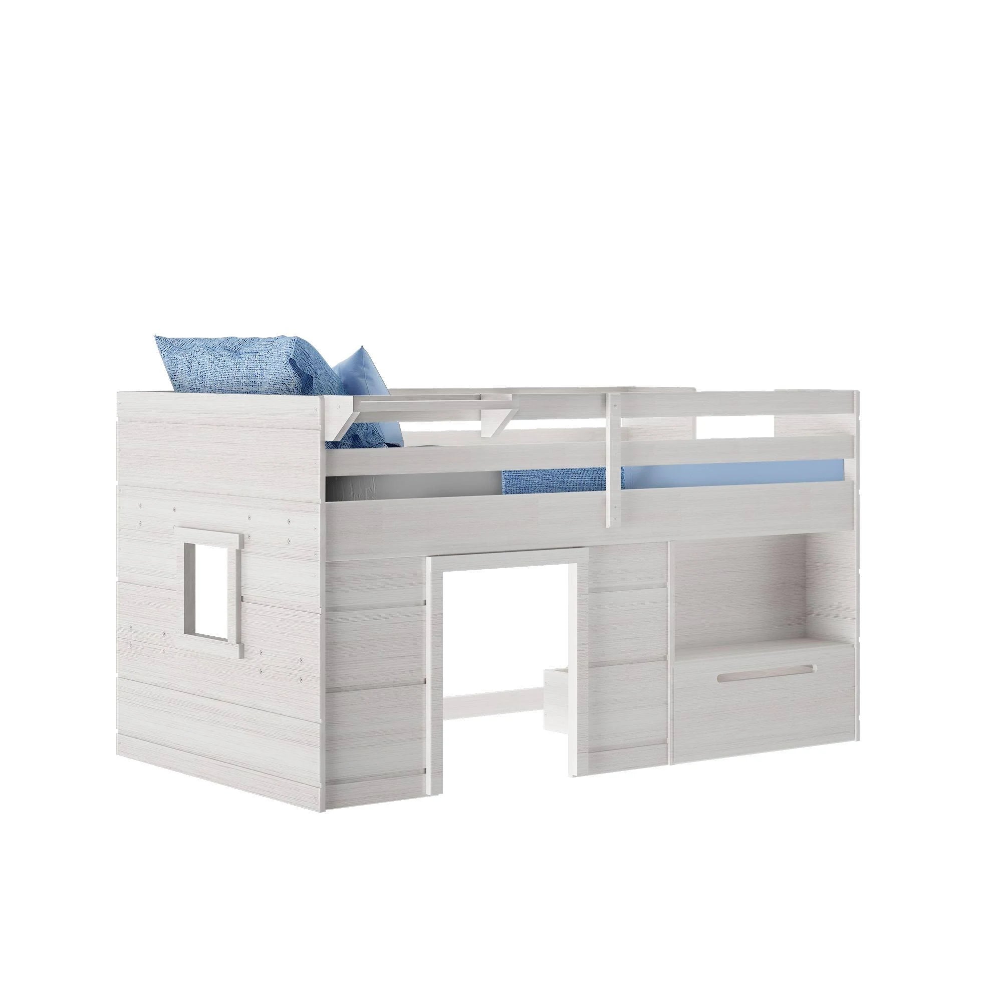 Max & Lily Modern Farmhouse Low Loft Bed, Twin Bed Frame for Kids with 1 Drawer, White Wash - MadeInUSA