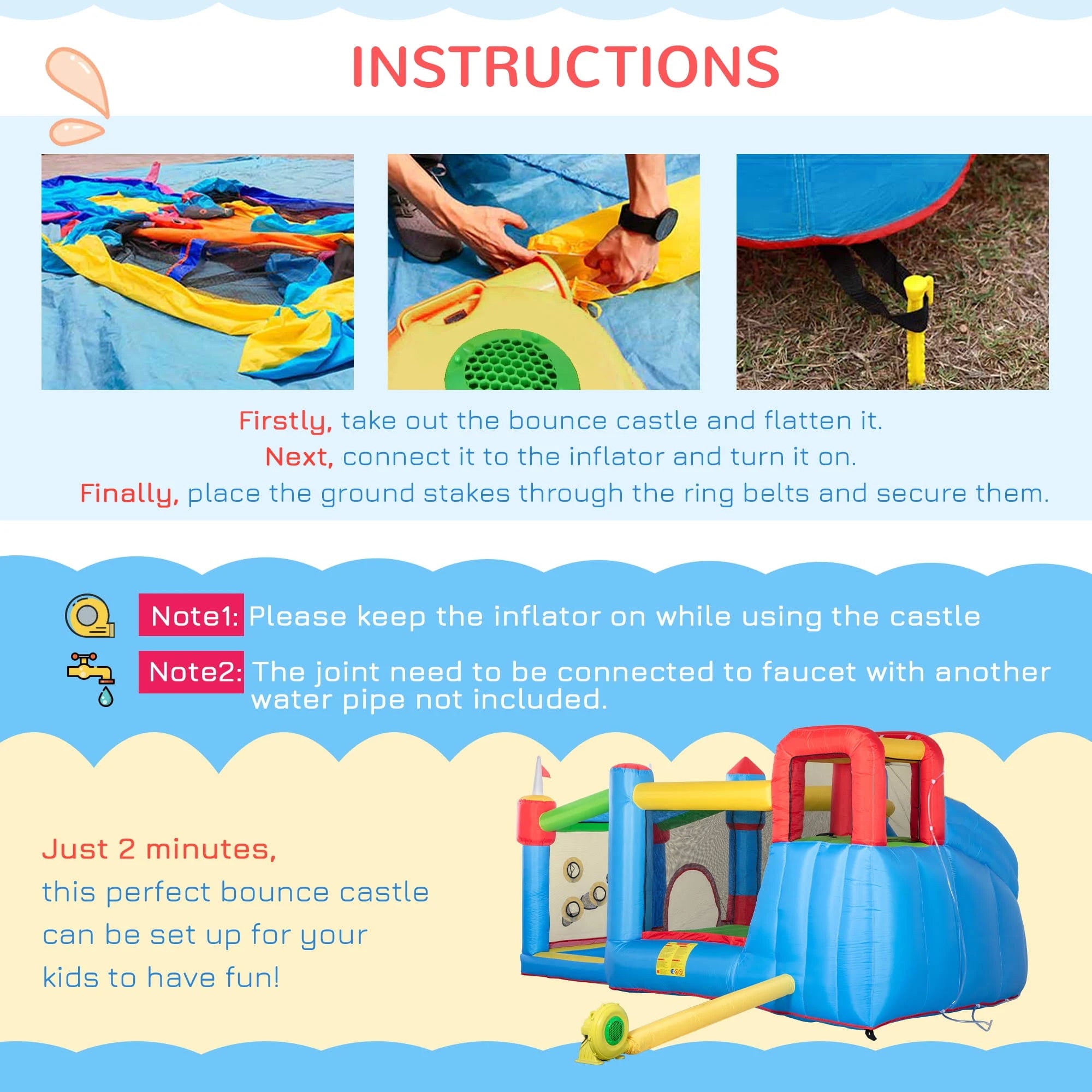 Outsunny 6-in-1 Inflatable Water Slide, Kids Castle Bounce House Includes Slide, Trampoline, Pool, Water Gun, Climbing Wall, Throwing Wall with Carry - MadeInUSA