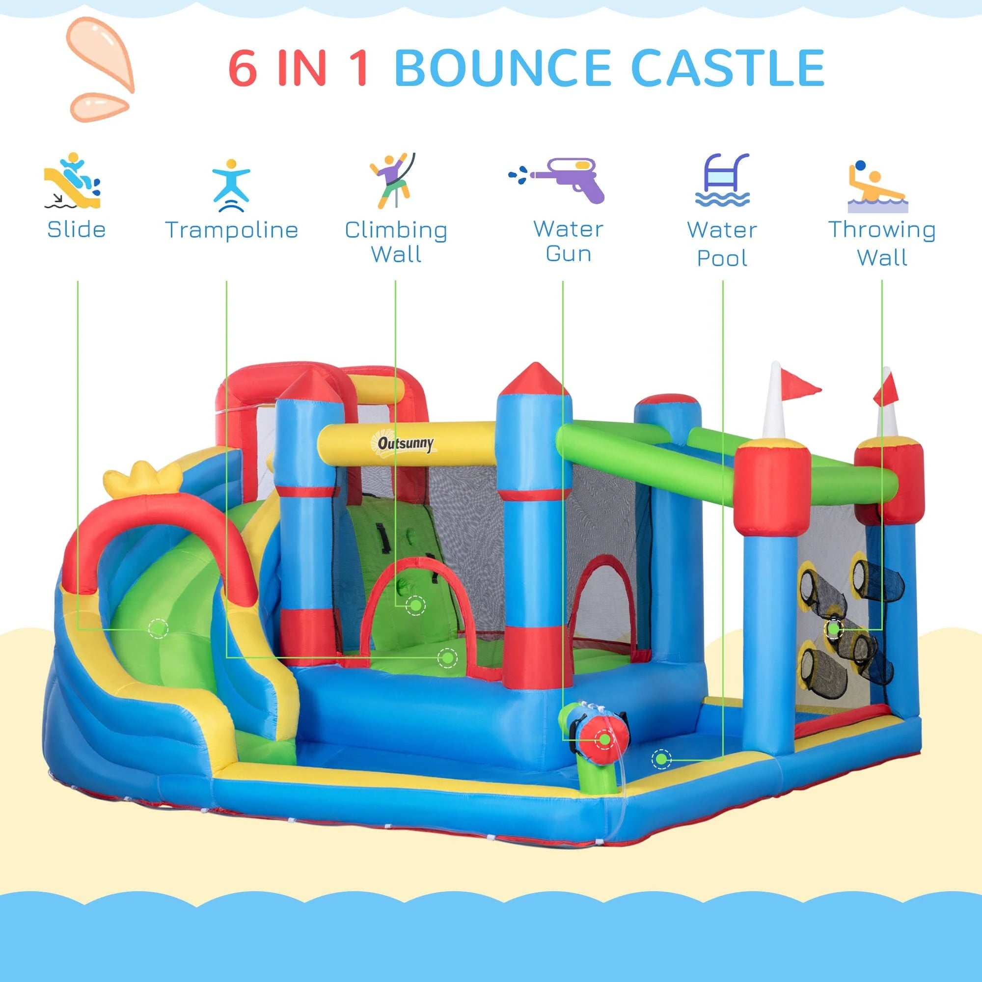 Outsunny 6-in-1 Inflatable Water Slide, Kids Castle Bounce House Includes Slide, Trampoline, Pool, Water Gun, Climbing Wall, Throwing Wall with Carry - MadeInUSA