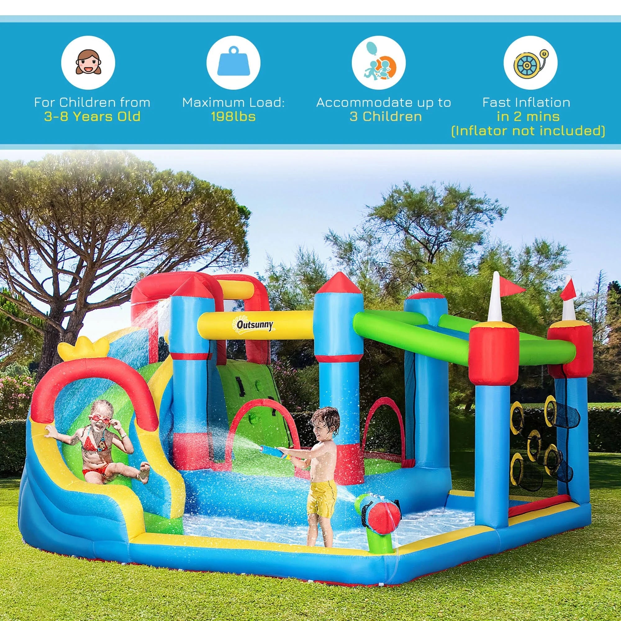 Outsunny 6-in-1 Inflatable Water Slide, Kids Castle Bounce House Includes Slide, Trampoline, Pool, Water Gun, Climbing Wall, Throwing Wall with Carry - MadeInUSA
