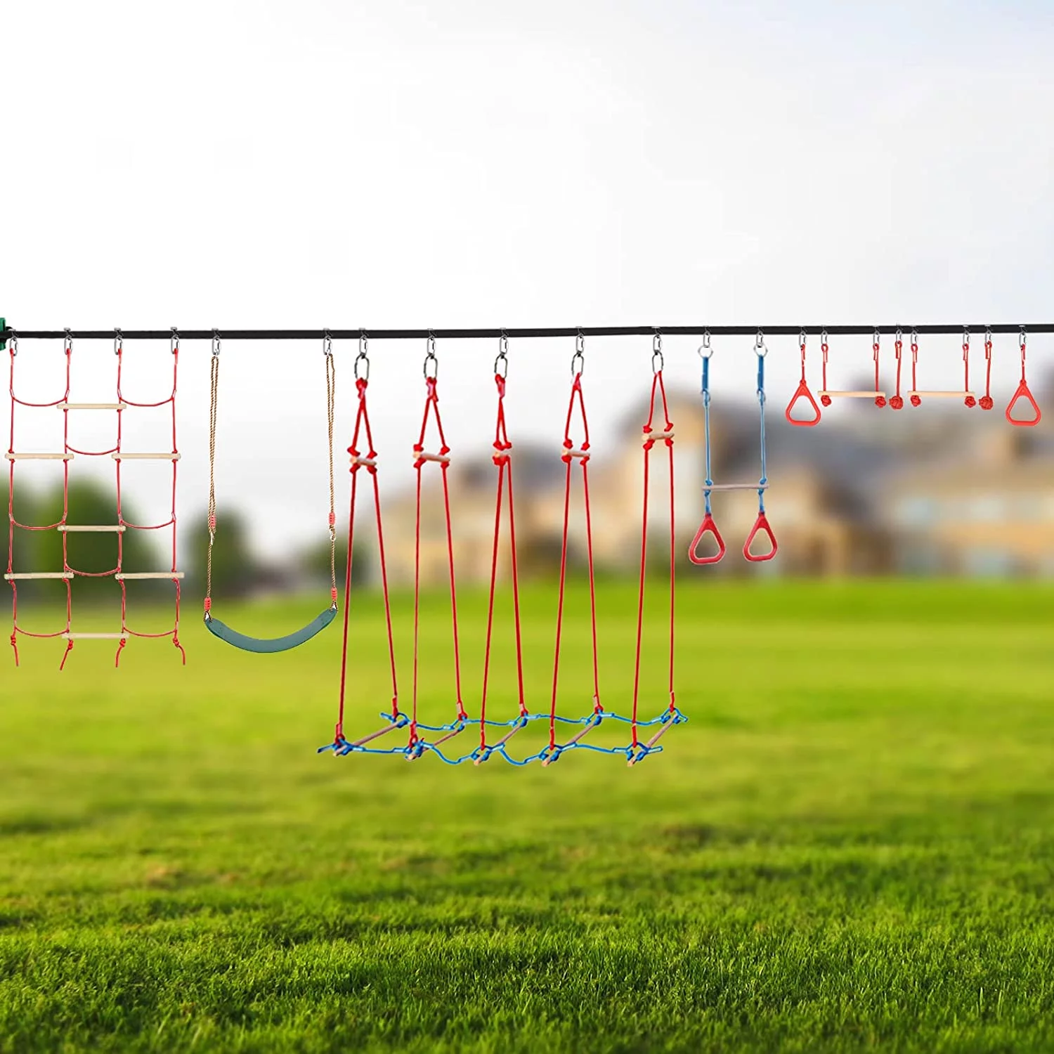 Slsy Ninja Warrior Obstacle Course for Kids, 60ft Ninja Slackline-with 10 Most Complete Accessories,Tree Protectors & Carry Bag Ninja Course for Kids Outside - MadeInUSA