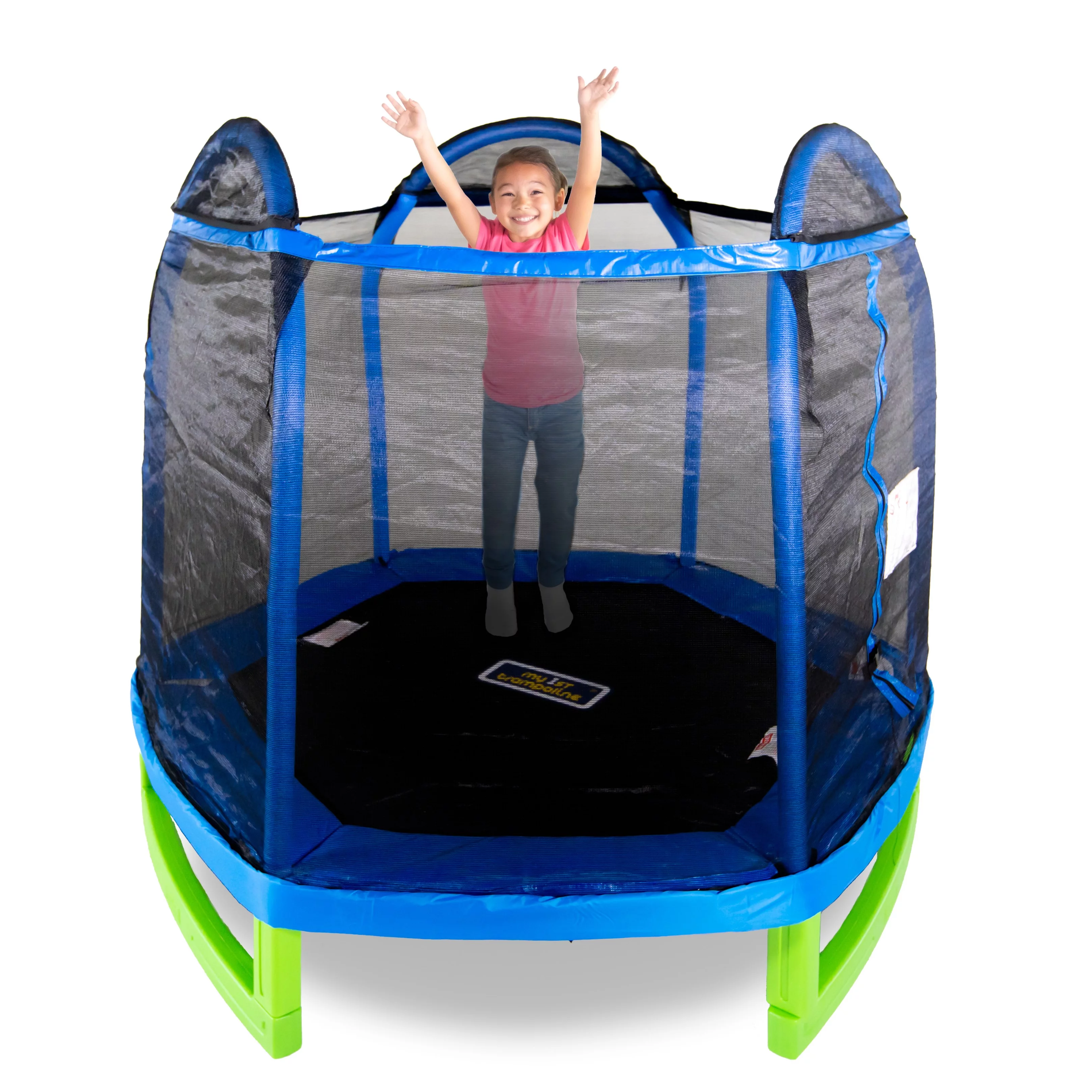 Bounce Pro 7-Foot My First Trampoline Hexagon (Ages 3-10) for Kids, Blue/Green - MadeInUSA