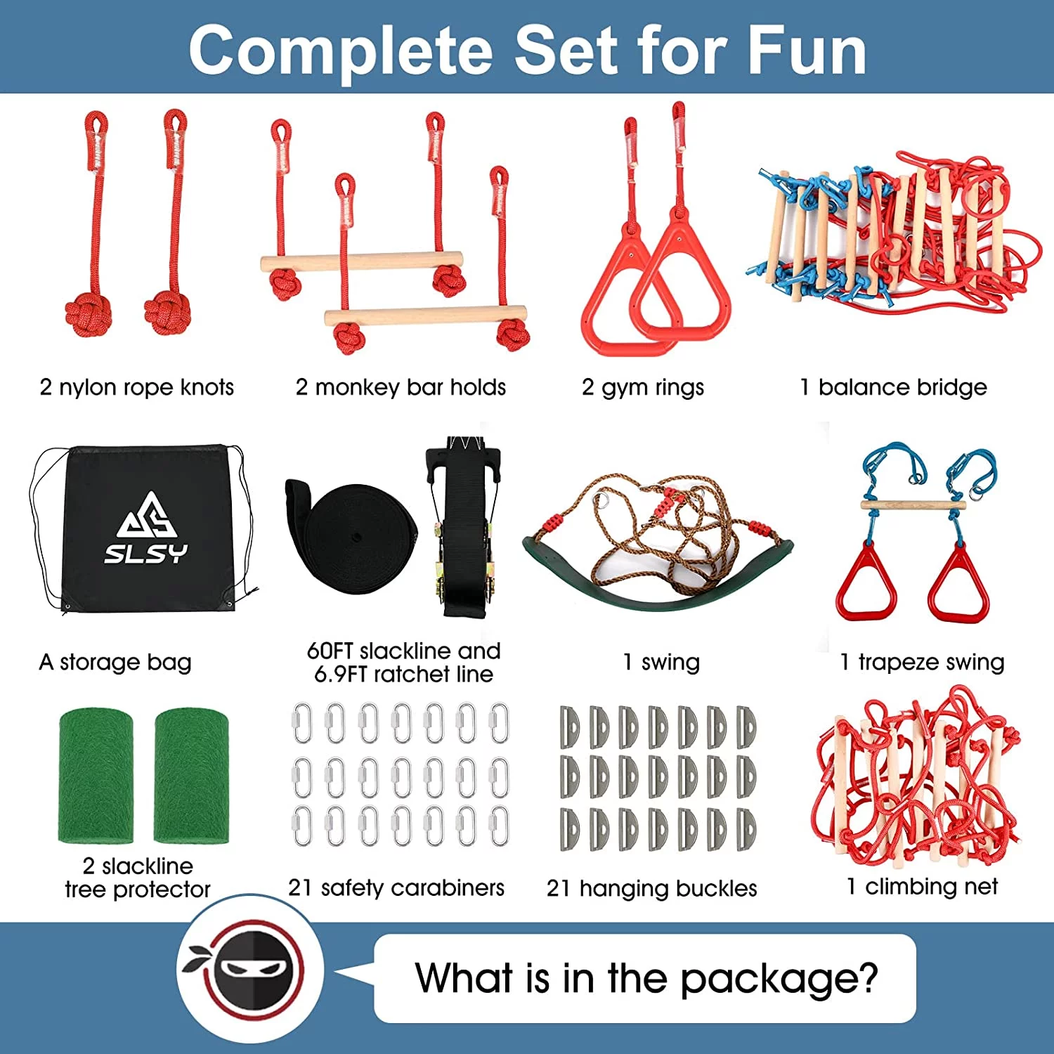 Slsy Ninja Warrior Obstacle Course for Kids, 60ft Ninja Slackline-with 10 Most Complete Accessories,Tree Protectors & Carry Bag Ninja Course for Kids Outside - MadeInUSA