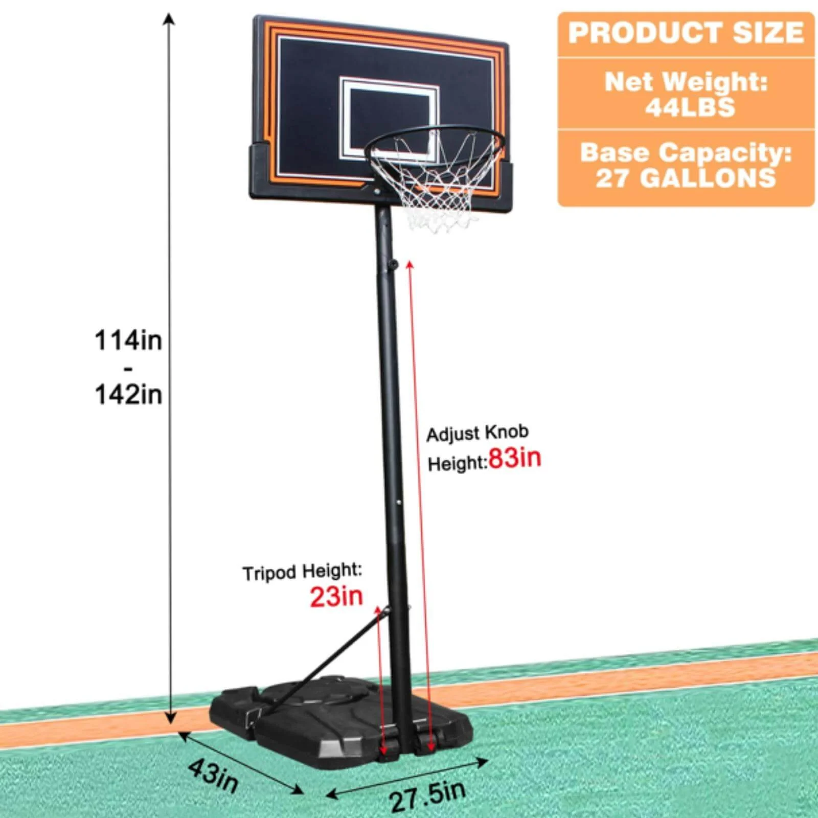 NiamVelo  Basketball Hoop Basketball Goal, 7-10FT Height Adjustable Basketball Backboard with Stand & Wheels  for Kids Adult Youth Black - MadeInUSA