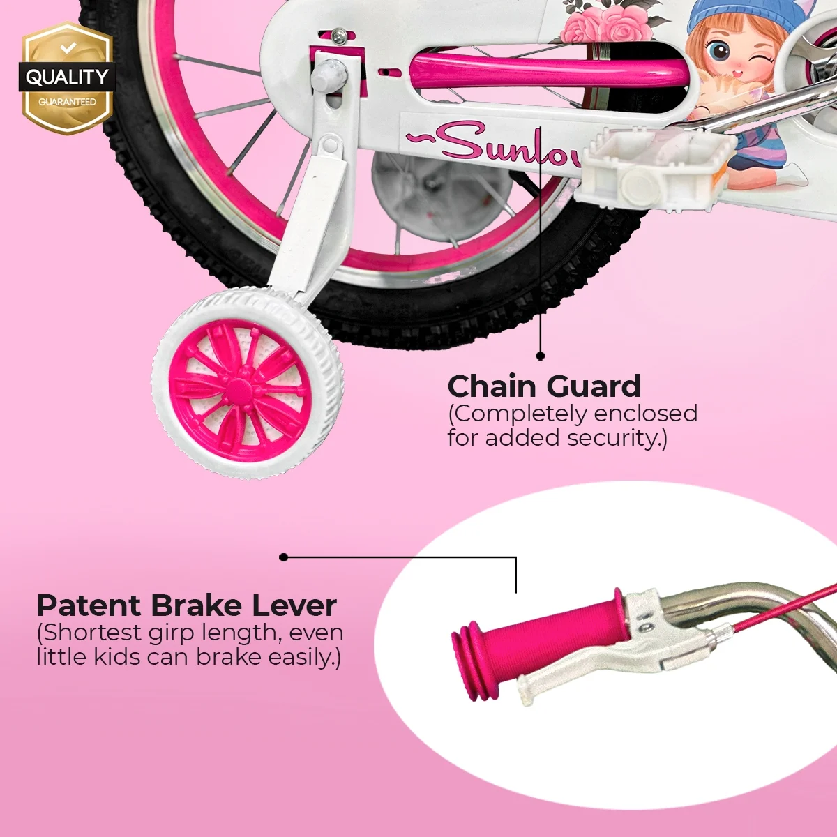 SUNLOVERR Pink Dreams Girls Bike for Toddlers and Kids Ages 4-6 Years Old, 14 Inch Kids Bike with Training Wheels & Basket - MadeInUSA
