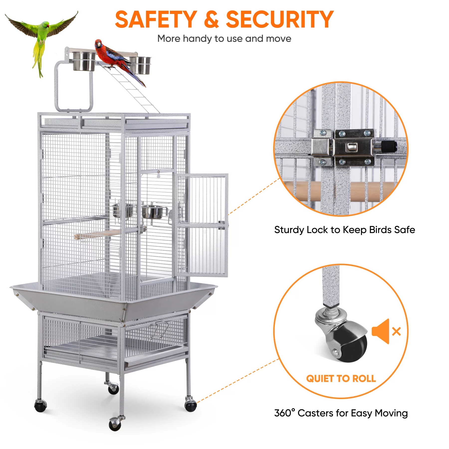 ZENY 61 Large Bird Cage with Rolling Stand for Parrot Cockatoo Pet House Wrought Iron Birdcage, White - MadeInUSA