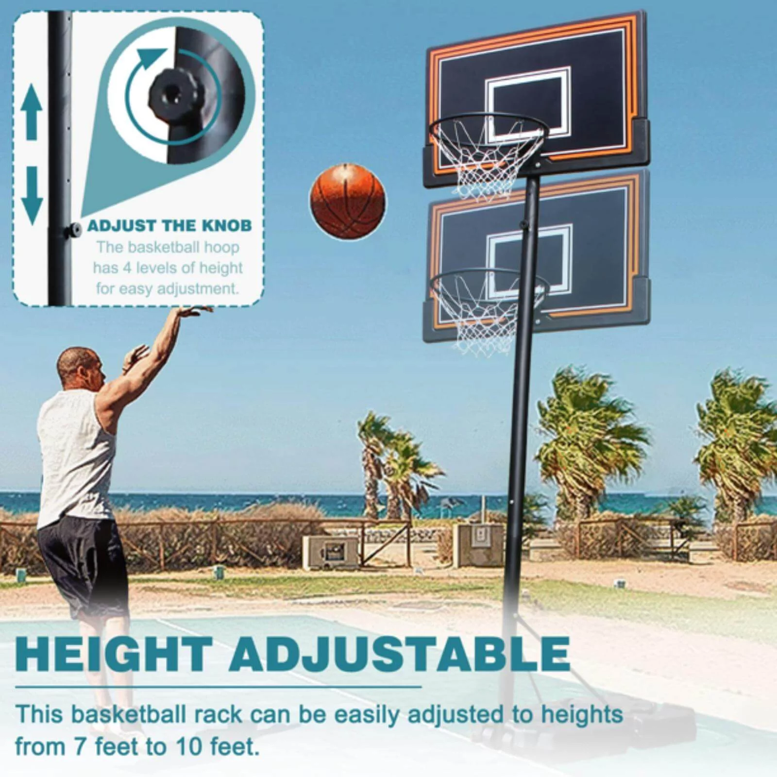 NiamVelo  Basketball Hoop Basketball Goal, 7-10FT Height Adjustable Basketball Backboard with Stand & Wheels  for Kids Adult Youth Black - MadeInUSA