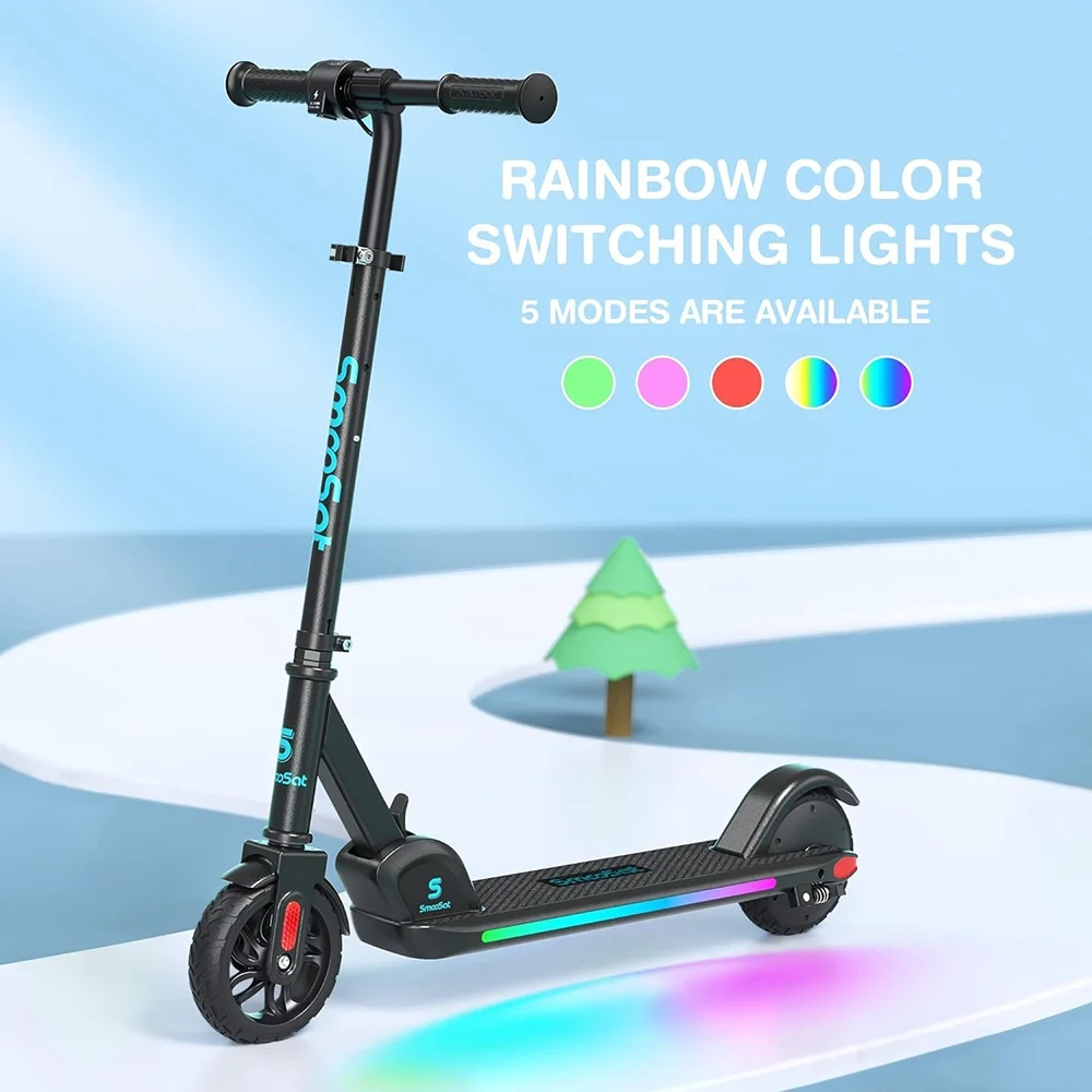 Electric Scooter for Kids, Foldable Scooter with Colourful Rainbow Light and LED Display, Adjustable Speed and Height, Black - MadeInUSA