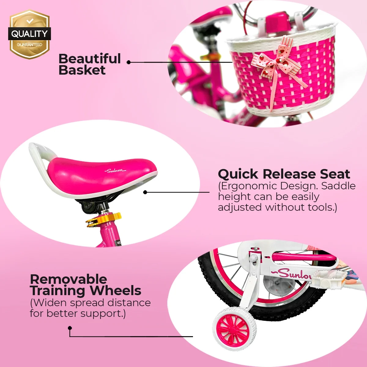 SUNLOVERR Pink Dreams Girls Bike for Toddlers and Kids Ages 4-6 Years Old, 14 Inch Kids Bike with Training Wheels & Basket - MadeInUSA