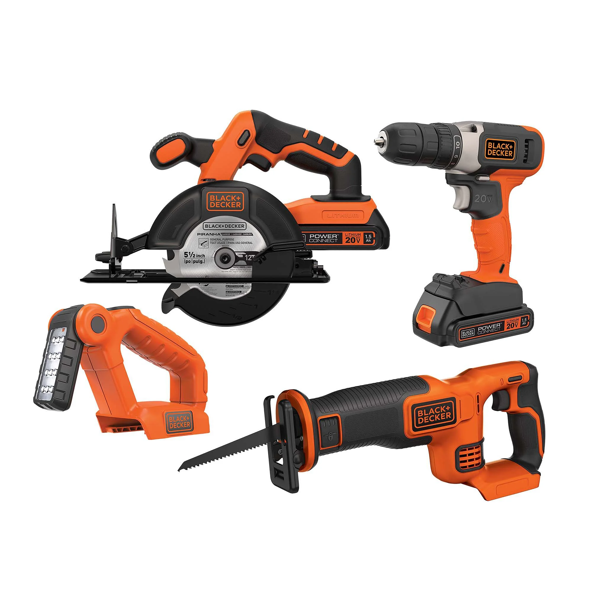 Black & Decker 20 Volt 4-Tool Kit with Drill, Circular Saw, Reciprocating Saw, and Work Light, BD4KITCD7CSRSL - MadeInUSA