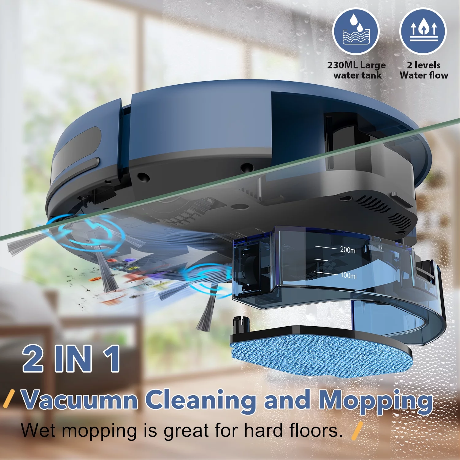 Robot Vacuum Cleaner, Robot Vacuum and Mop Combo Compatible with Alexa/WiFi/App, Self-Charging, 230ML Water Tank for Pet Hair, Hard Floors and Low Pile Carpet (Blue) - MadeInUSA