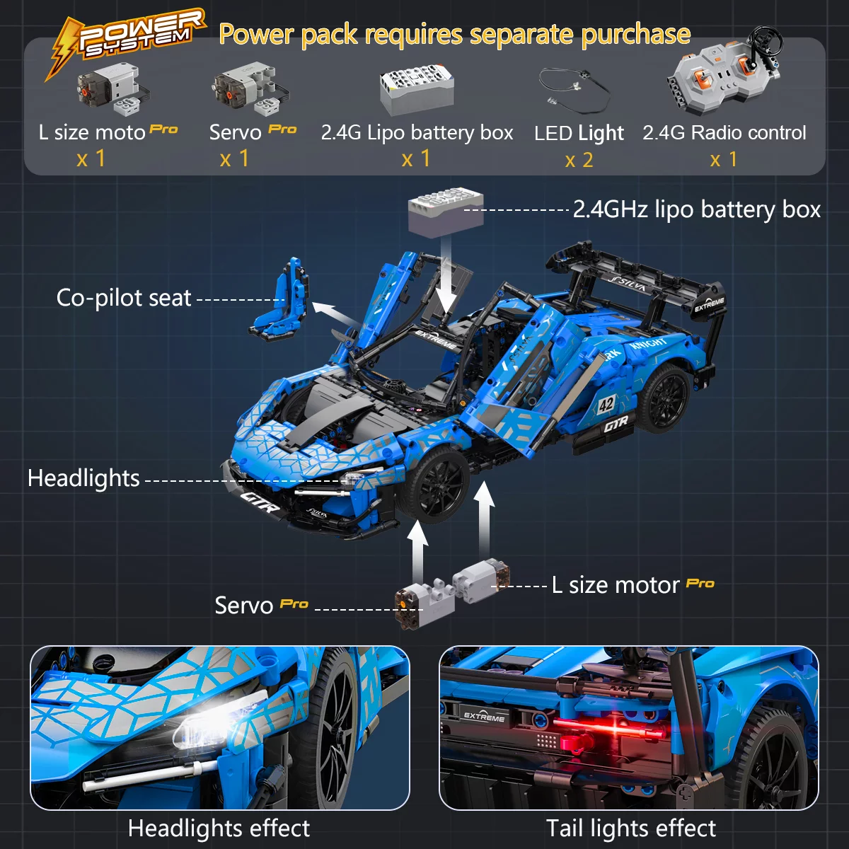 CaDA® Speed Series Model Car Building Set C63003W Blue Knight (2088 Pieces) Can Be Converted into a RC Car for Kids - MadeInUSA