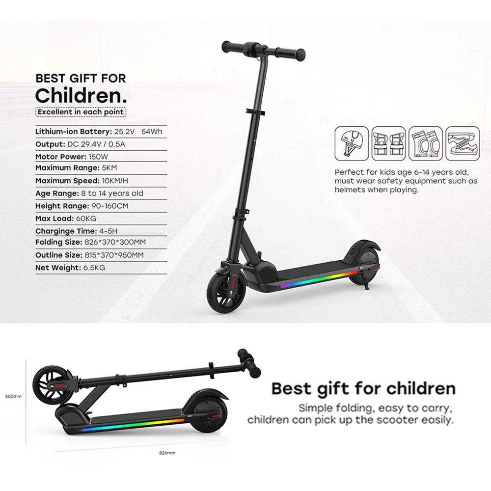 Electric Scooter for Kids, Foldable Scooter with Colourful Rainbow Light and LED Display, Adjustable Speed and Height, Black - MadeInUSA