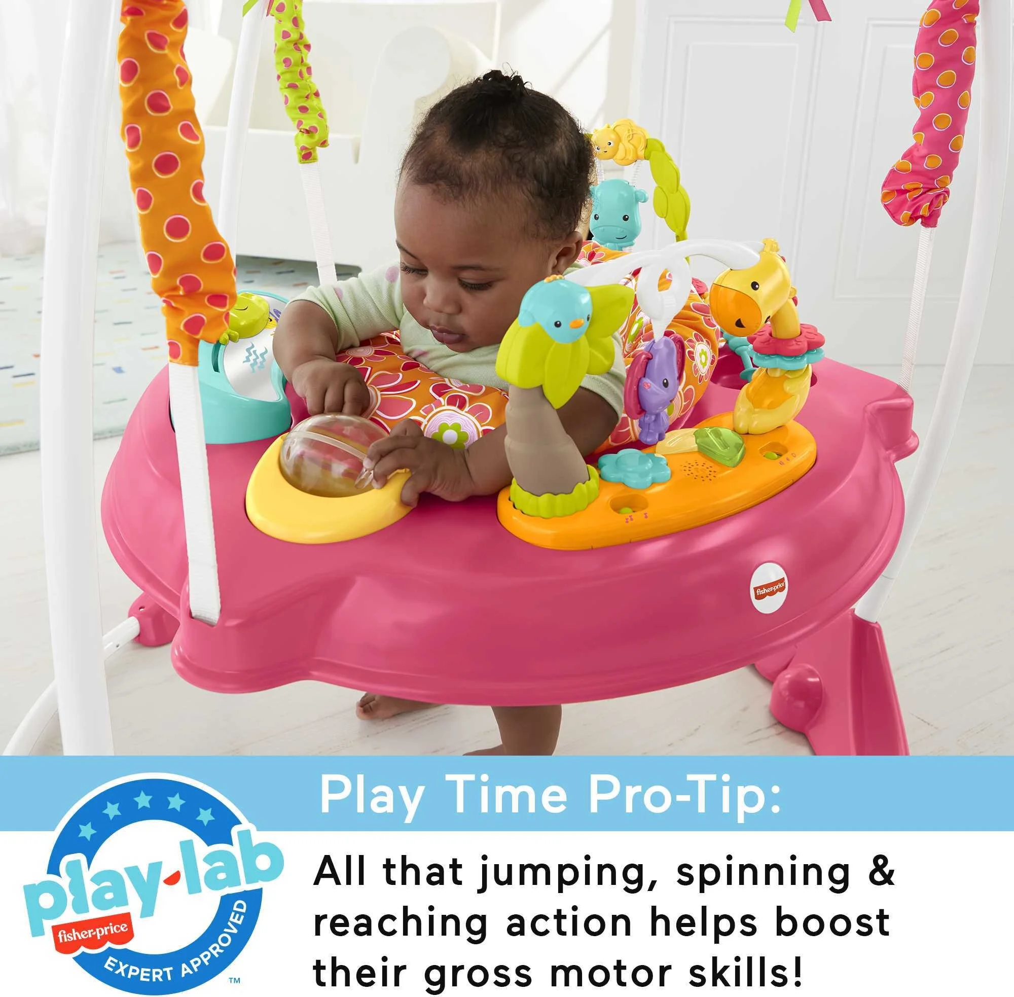 Fisher-Price Baby Bouncer Pink Petals Jumperoo Activity Center with Music and Lights - MadeInUSA