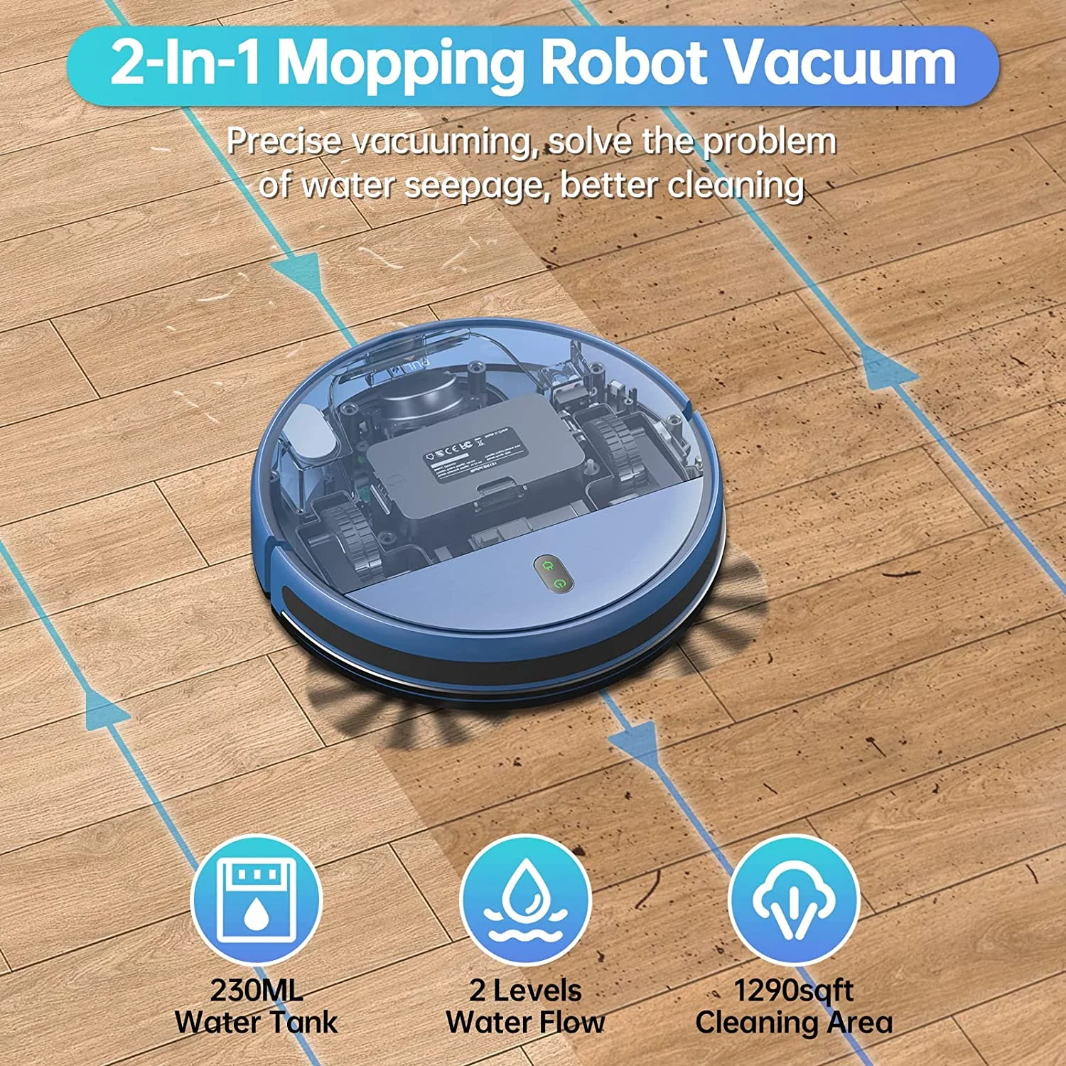 Robot Vacuum Cleaner, Robot Vacuum and Mop Combo Compatible with Alexa/WiFi/App, Self-Charging, 230ML Water Tank for Pet Hair, Hard Floors and Low Pile Carpet (Blue) - MadeInUSA