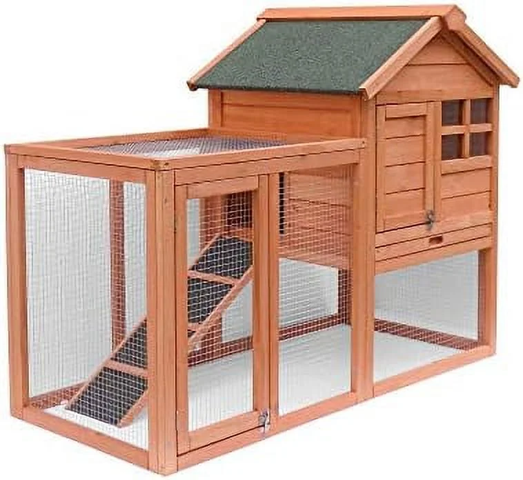 Rabbit Hutch Indoor And Outdoor Bunny Cage 2 Story Pet House Chicken Coop Poultry Cage With Removable No Leakage Tray (Natural Wood) - MadeInUSA