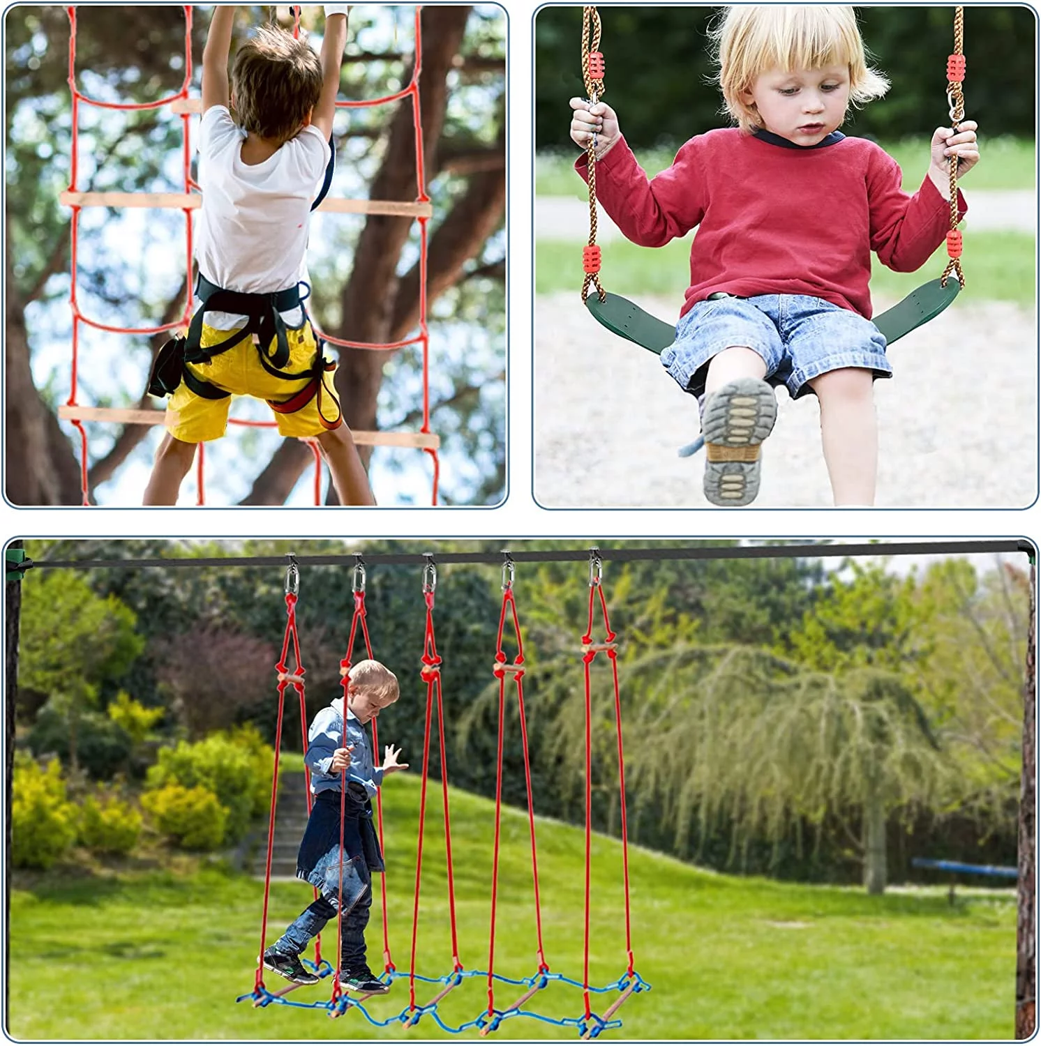 Slsy Ninja Warrior Obstacle Course for Kids, 60ft Ninja Slackline-with 10 Most Complete Accessories,Tree Protectors & Carry Bag Ninja Course for Kids Outside - MadeInUSA