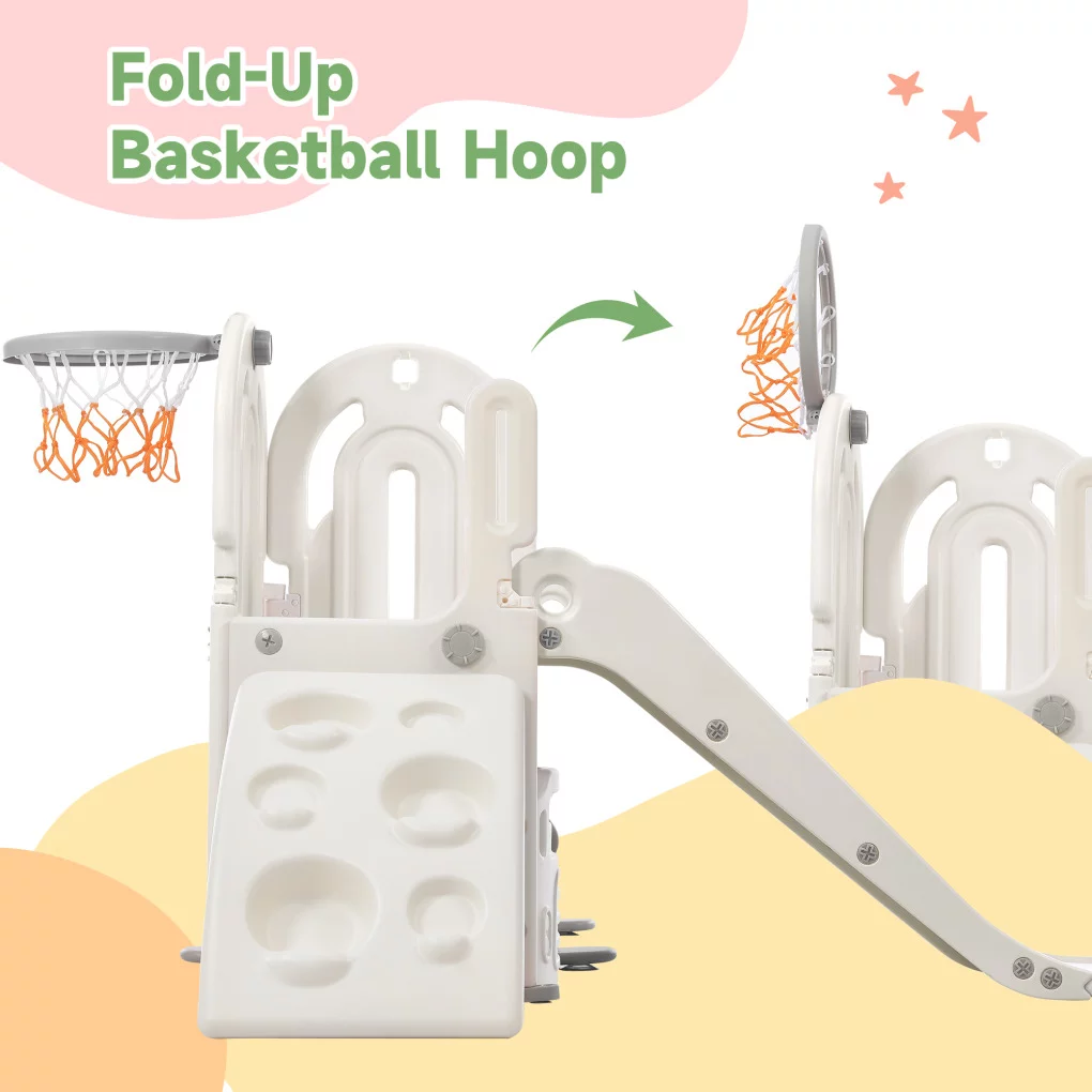 Toddler Slide and Climb Set, 4 in 1 Kids Climber Slide with Basketball Hoop and Storage Space, Freestanding Combination Slide with Armrest for Children Teens Boys Girls - MadeInUSA