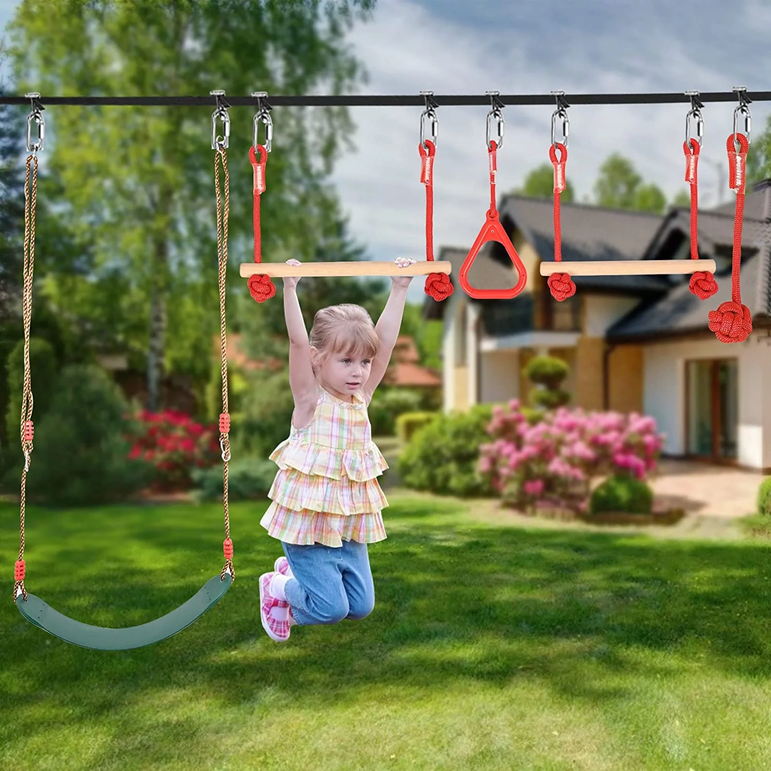 Slsy Ninja Warrior Obstacle Course for Kids, 60ft Ninja Slackline-with 10 Most Complete Accessories,Tree Protectors & Carry Bag Ninja Course for Kids Outside - MadeInUSA