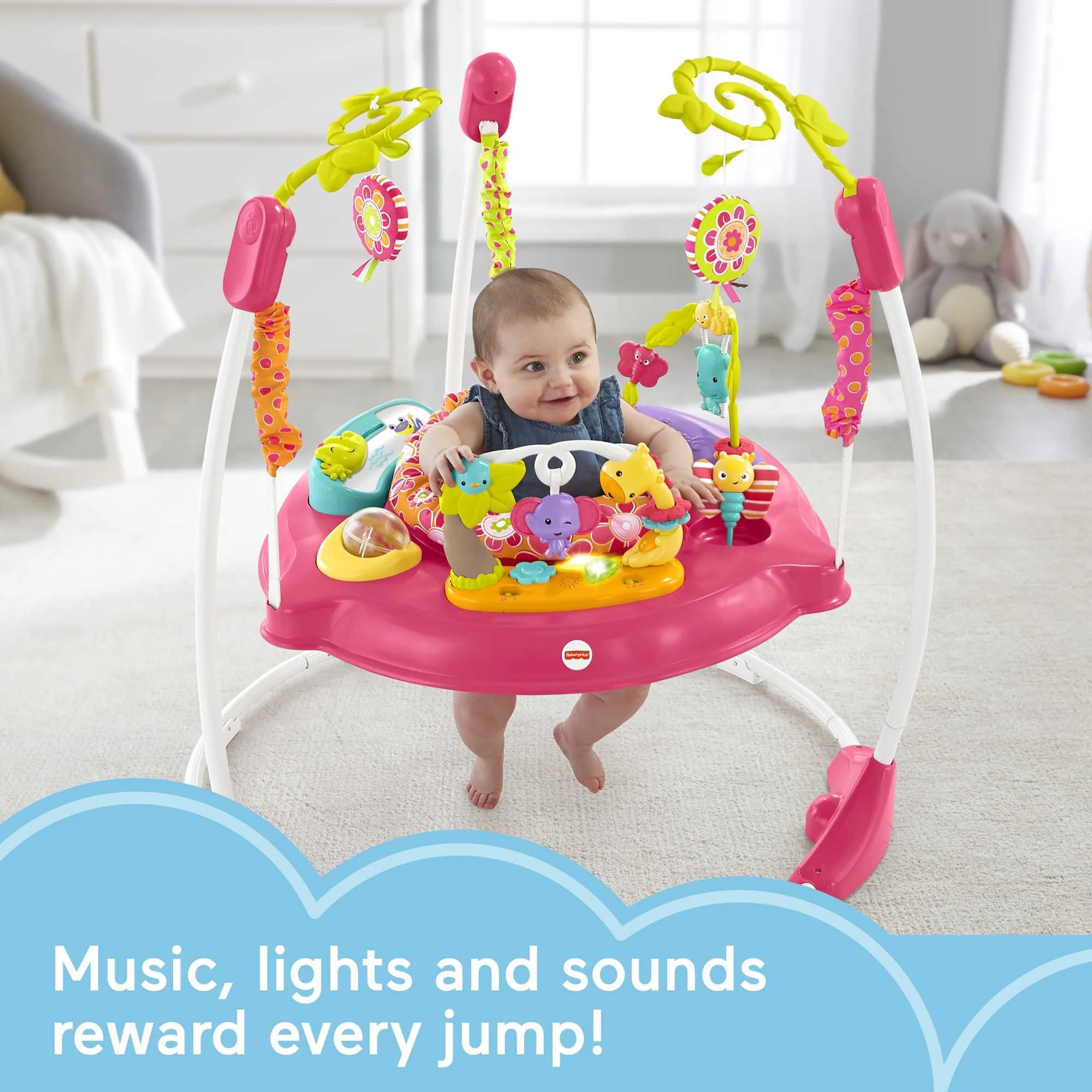 Fisher-Price Baby Bouncer Pink Petals Jumperoo Activity Center with Music and Lights, Unisex - MadeInUSA