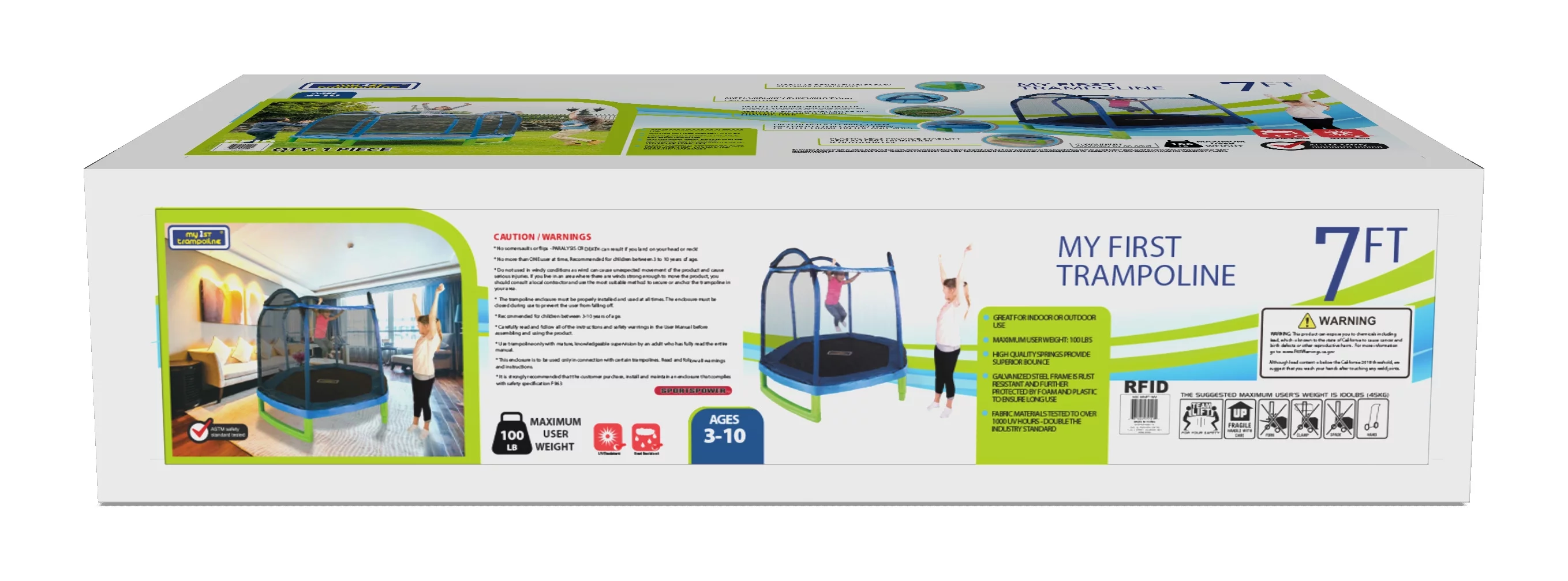 Bounce Pro 7-Foot My First Trampoline Hexagon (Ages 3-10) for Kids, Blue/Green - MadeInUSA