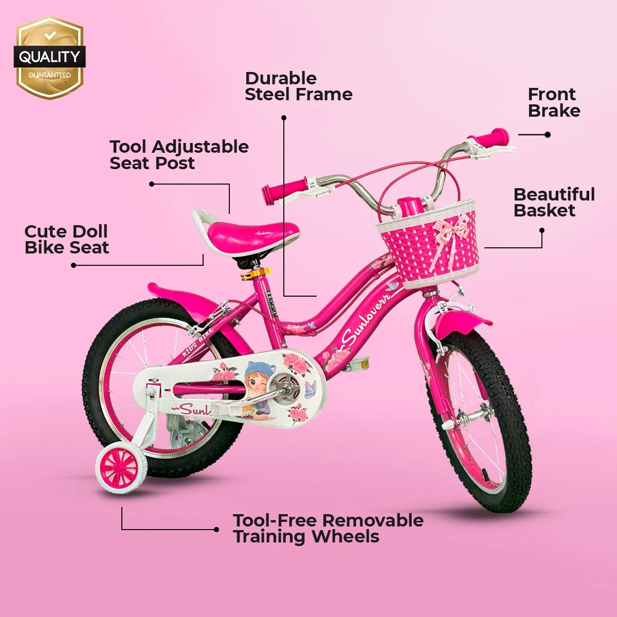 SUNLOVERR Pink Dreams Girls Bike for Toddlers and Kids Ages 4-6 Years Old, 14 Inch Kids Bike with Training Wheels & Basket - MadeInUSA
